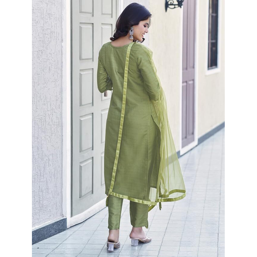 Sanisa Women's Art Silk Sequence Embroidery Straight Kurta Set with Dupatta (143KBD1547N-XL_Olive Green)