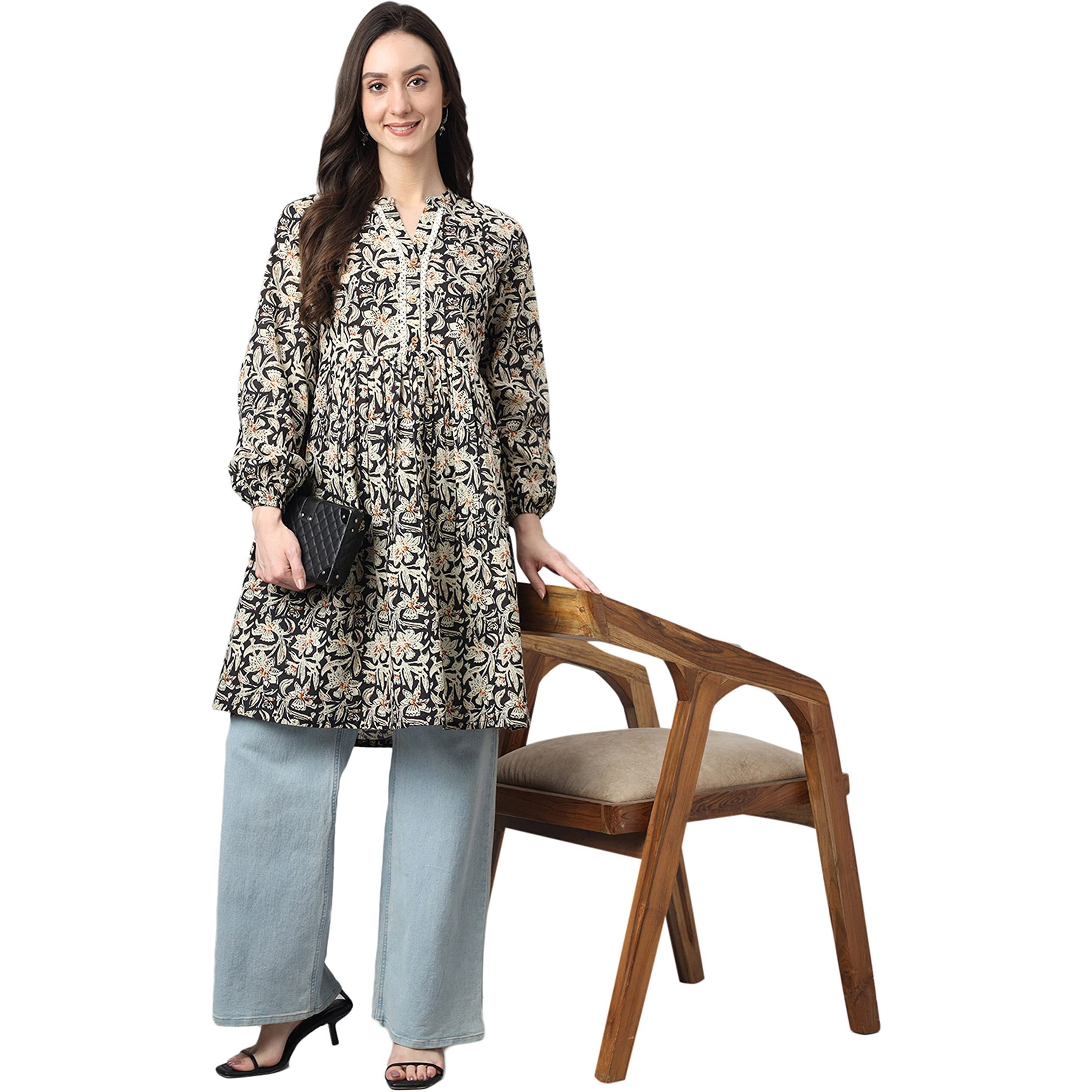 Janasya Women's Black Cotton Floral Print Flared Tunic(JNE4098-TU-M)
