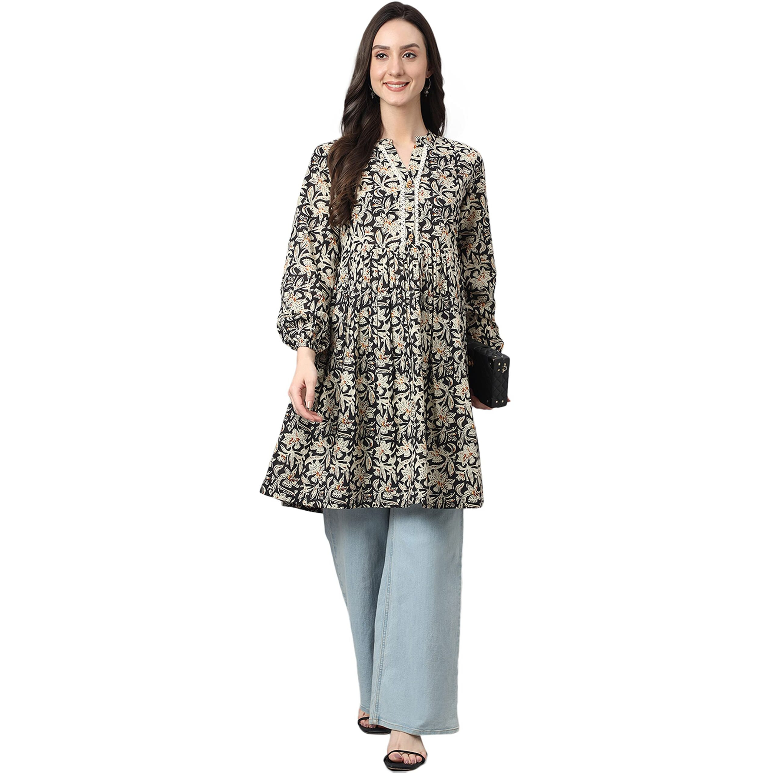 Janasya Women's Black Cotton Floral Print Flared Tunic(JNE4098-TU-M)