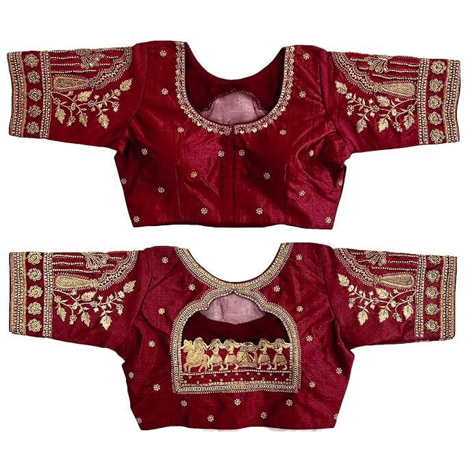 Pujia Mills Women's Golden Zari Embroidery Work with Heavy Maggam Work Half Sleeve Milan Silk Blouse(Ruby Maroon_38)
