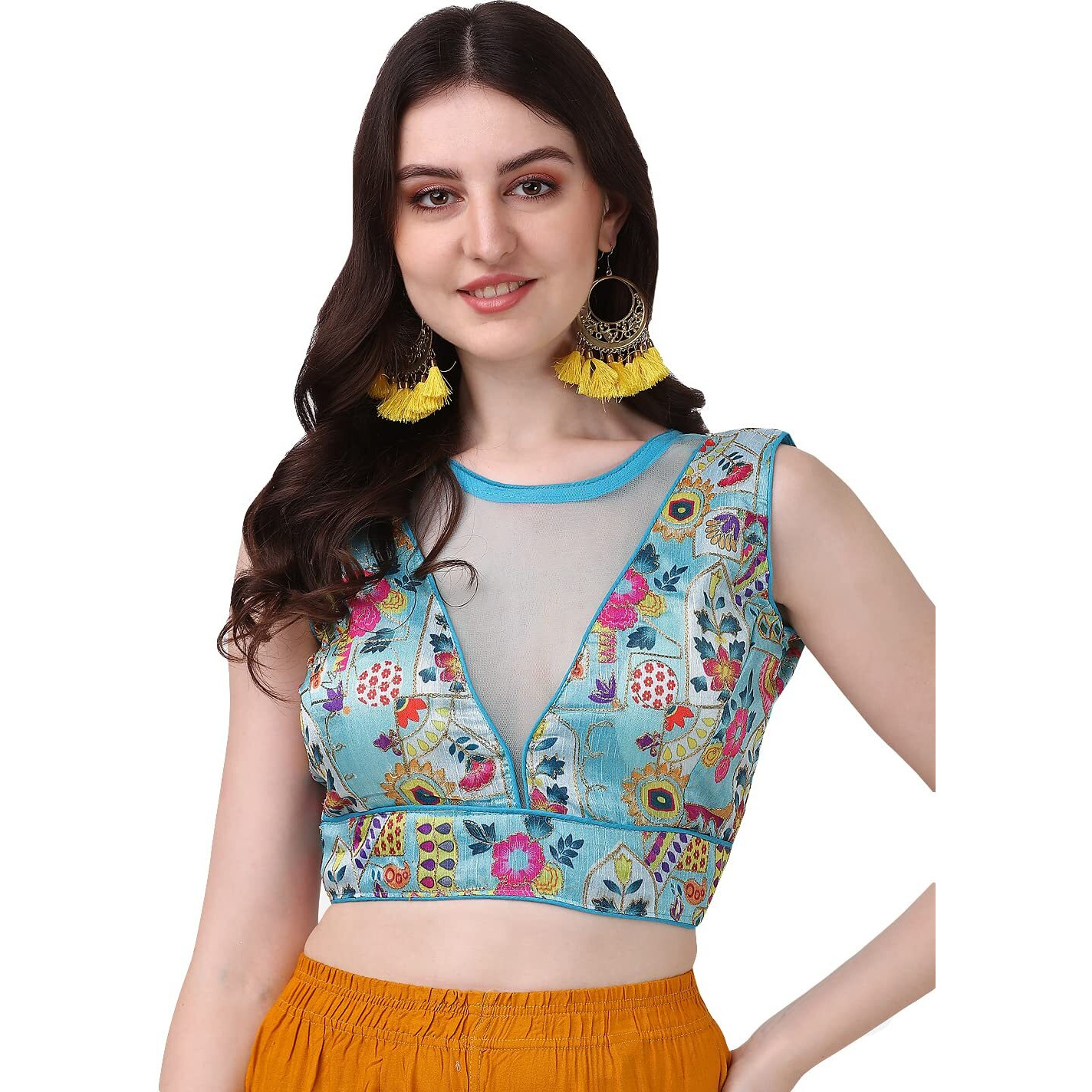 Pujia Mills Women's Phanotm Silk Floral Sleeveless Saree Blouse (PP 4_Sea Green_38)