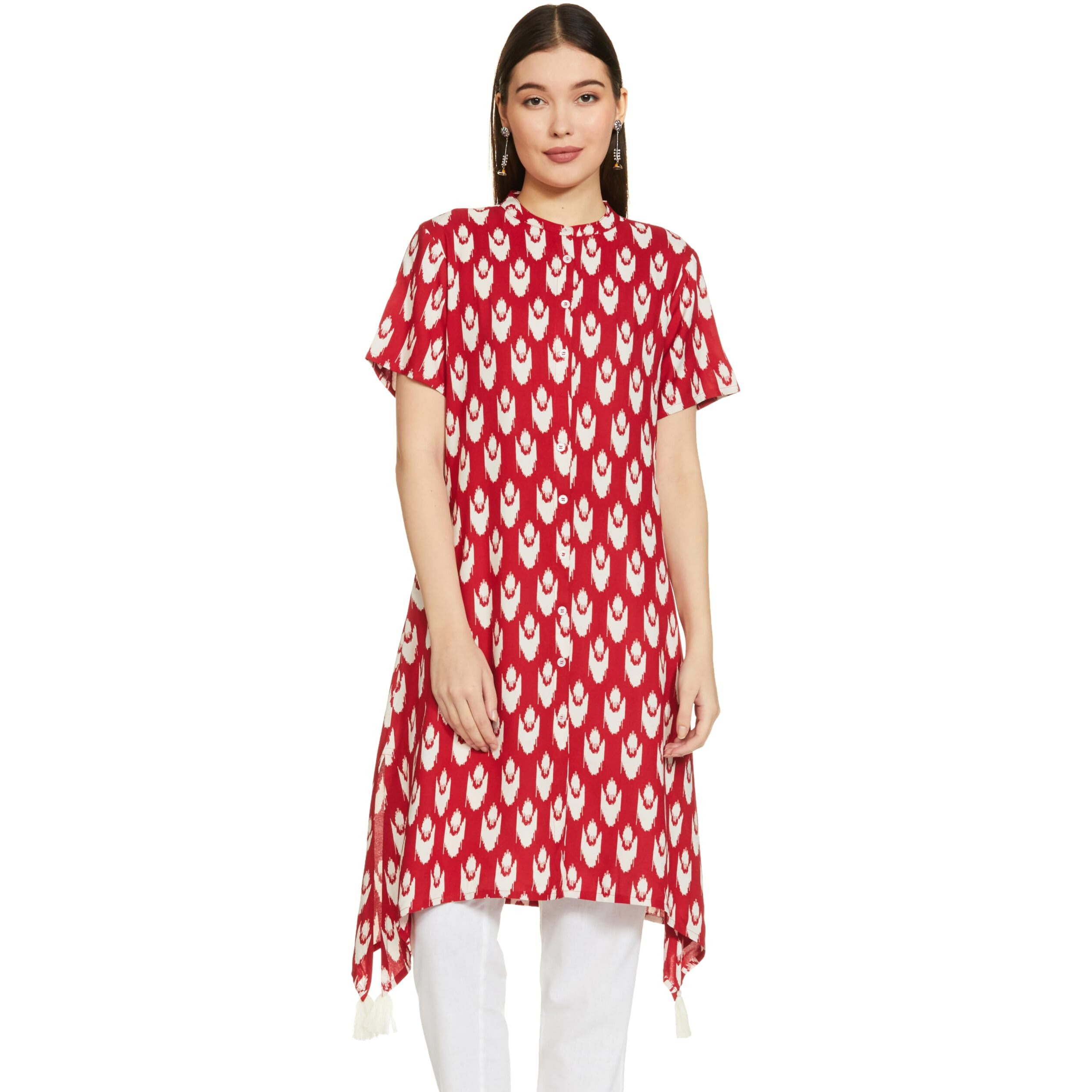 Amazon Brand - Myx Women's Cotton Regular Kurta (AW22MYX29_Red Ikat_M)
