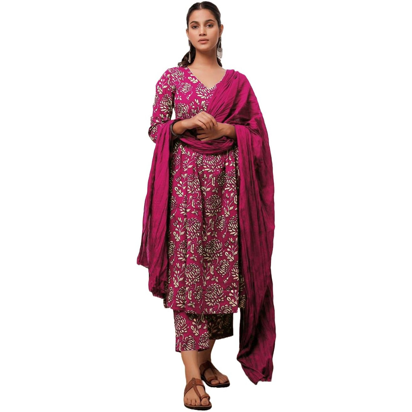 GoSriKi Women's Cotton Blend Anarkali Printed Kurta with Pant & Dupatta (Dabu Pink-GS_M_Pink_Medium)