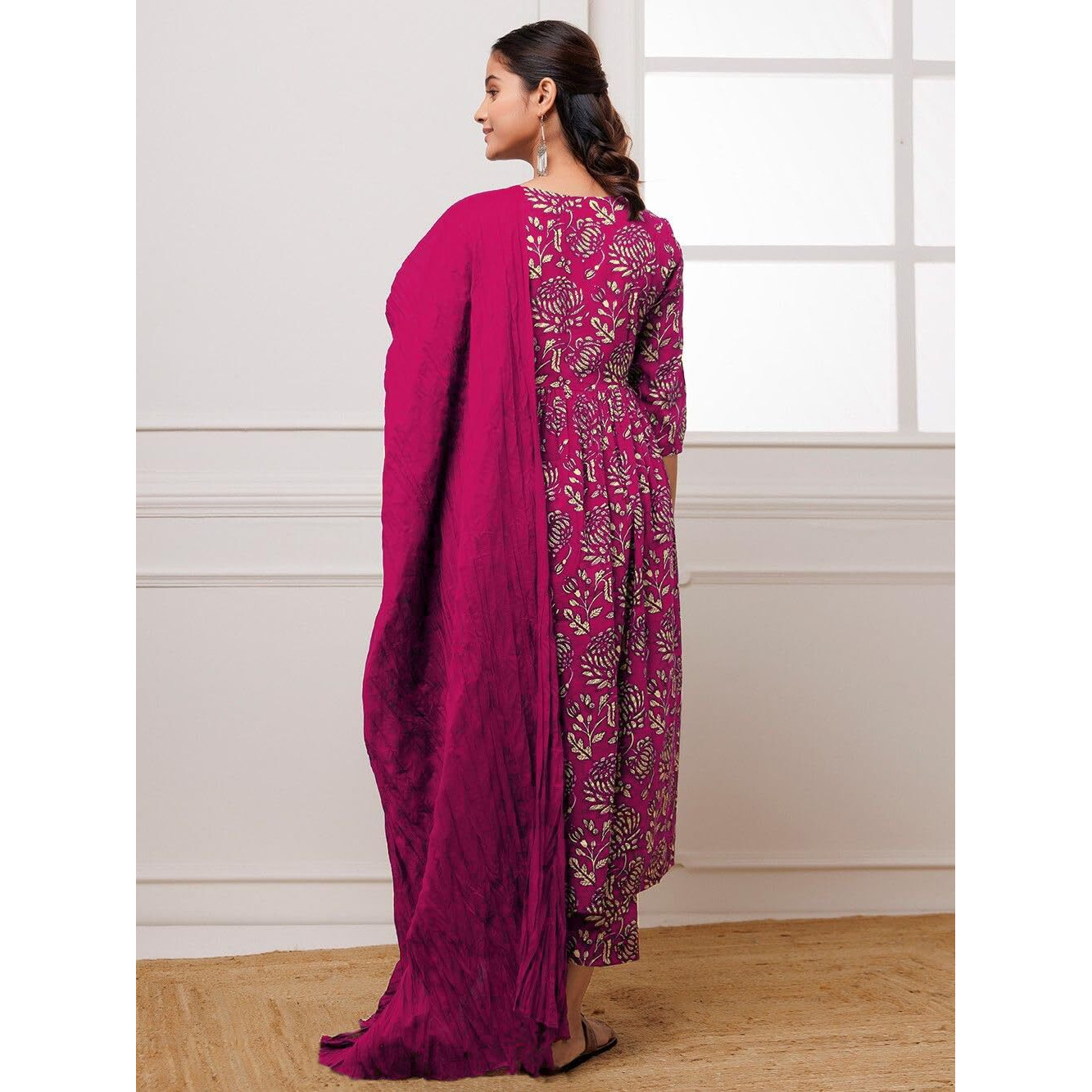 GoSriKi Women's Cotton Blend Anarkali Printed Kurta with Pant & Dupatta (Dabu Pink-GS_M_Pink_Medium)