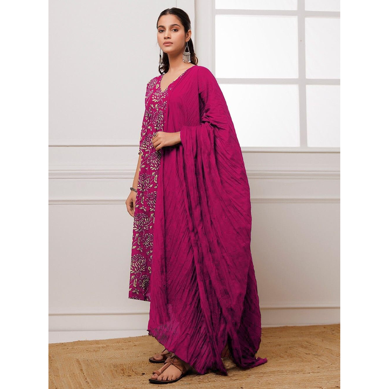 GoSriKi Women's Cotton Blend Anarkali Printed Kurta with Pant & Dupatta (Dabu Pink-GS_M_Pink_Medium)
