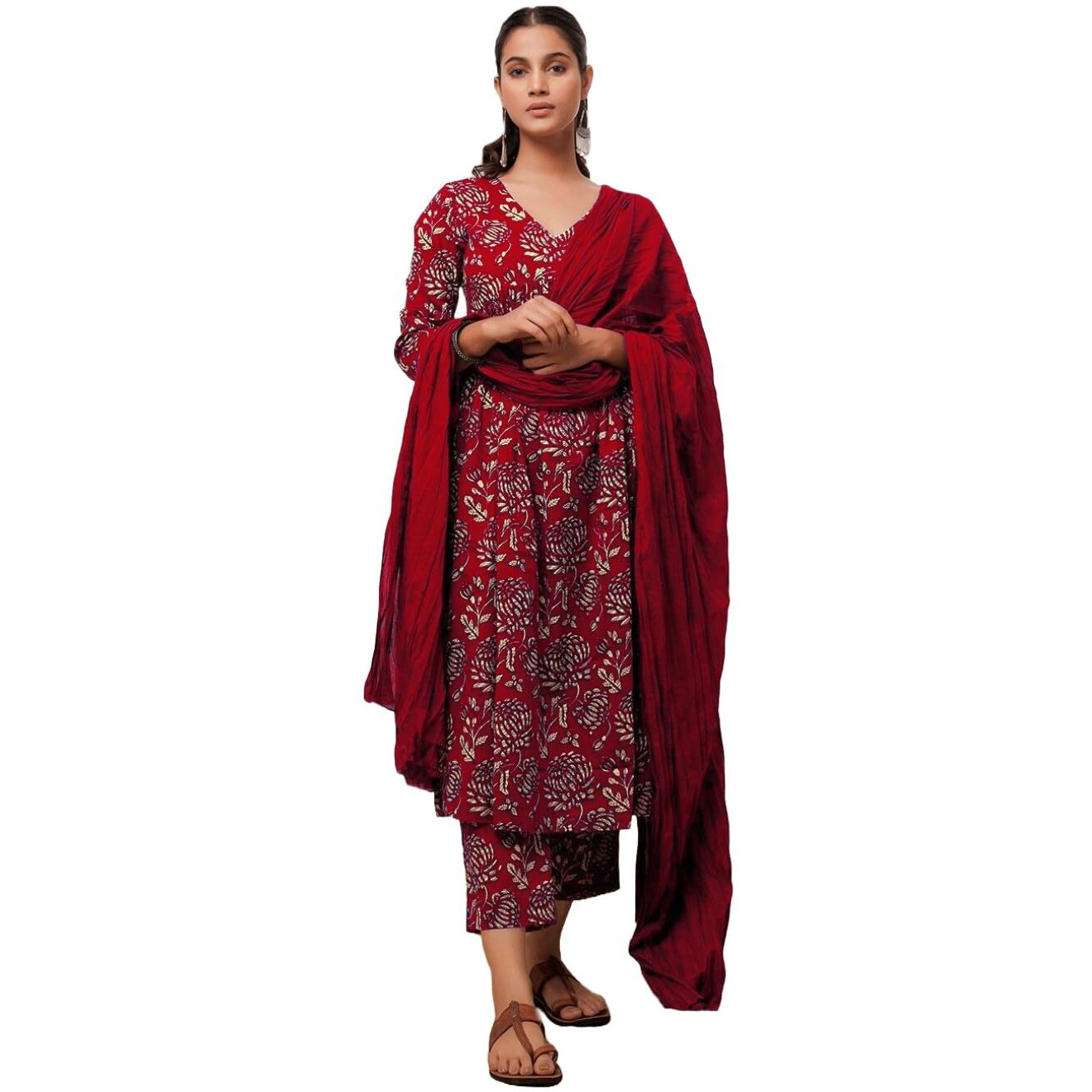 GoSriKi Women's Cotton Blend Anarkali Printed Kurta with Pant & Dupatta (Dabu Red-GS_XXL_Red_XX-Large)