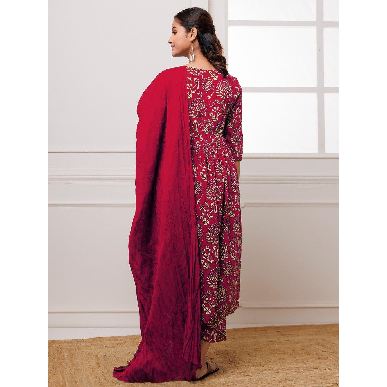 GoSriKi Women's Cotton Blend Anarkali Printed Kurta with Pant & Dupatta (Dabu Red-GS_XXL_Red_XX-Large)