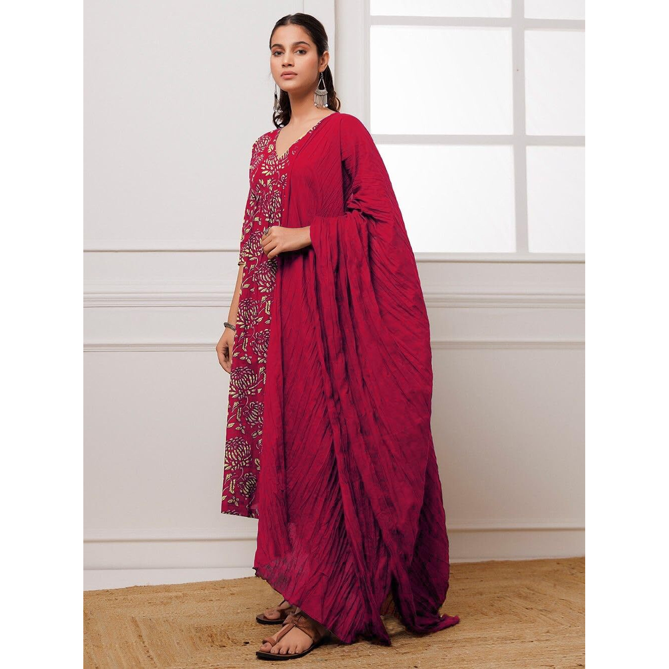 GoSriKi Women's Cotton Blend Anarkali Printed Kurta with Pant & Dupatta (Dabu Red-GS_XXL_Red_XX-Large)