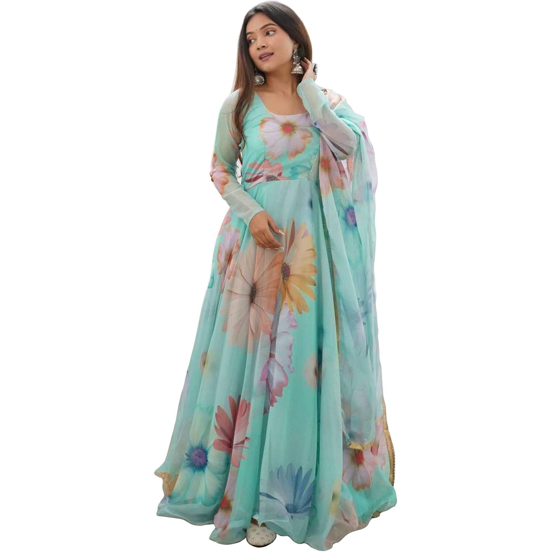 Shasmi Women's Stylish Floral Printed Sea Green Orgenza Anarkali Dress Gown, Kurta with Dupatta Set Anarkali Floral Printed Gown with Dupatta (Gown 130 SEA Green-XL)