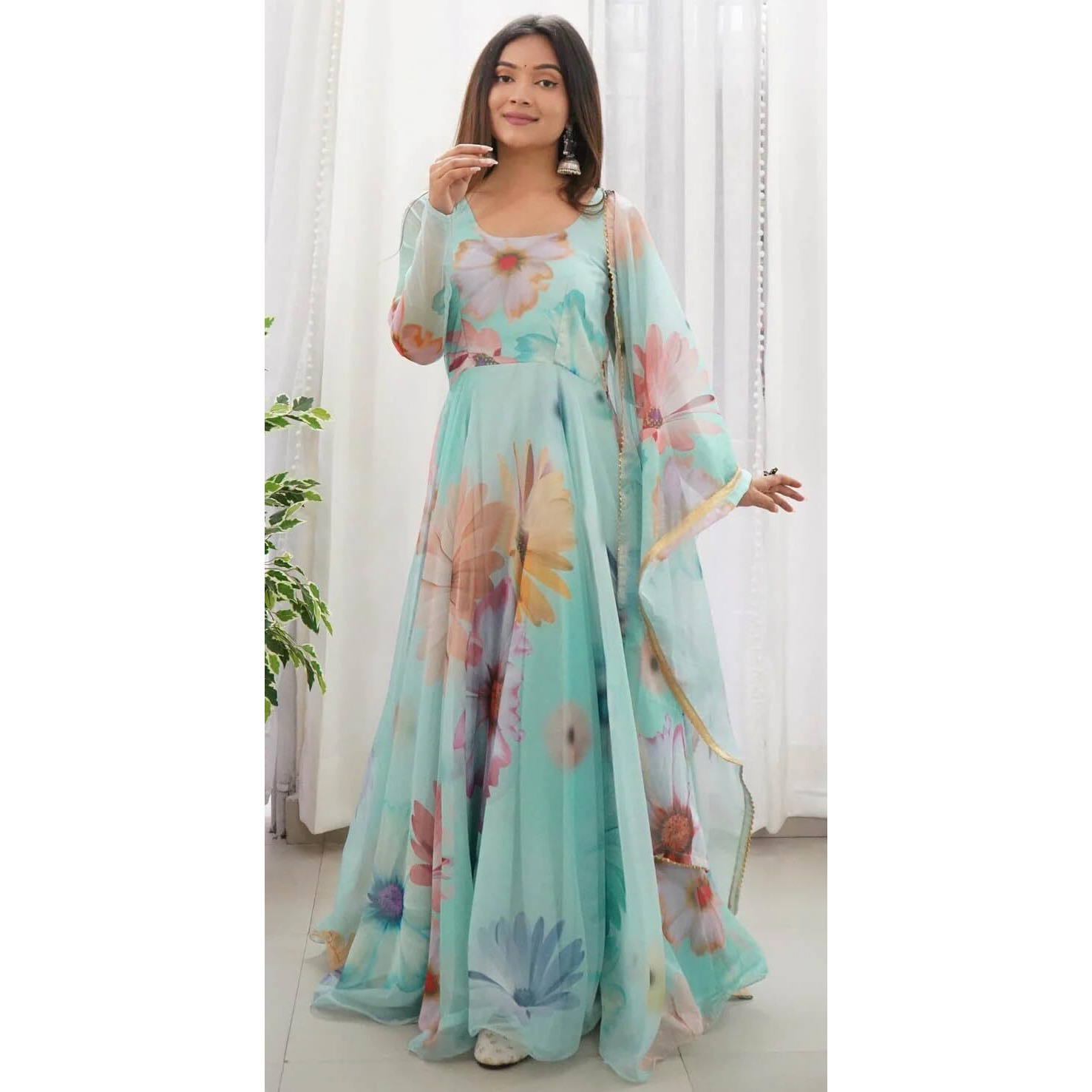Shasmi Women's Stylish Floral Printed Sea Green Orgenza Anarkali Dress Gown, Kurta with Dupatta Set Anarkali Floral Printed Gown with Dupatta (Gown 130 SEA Green-XL)