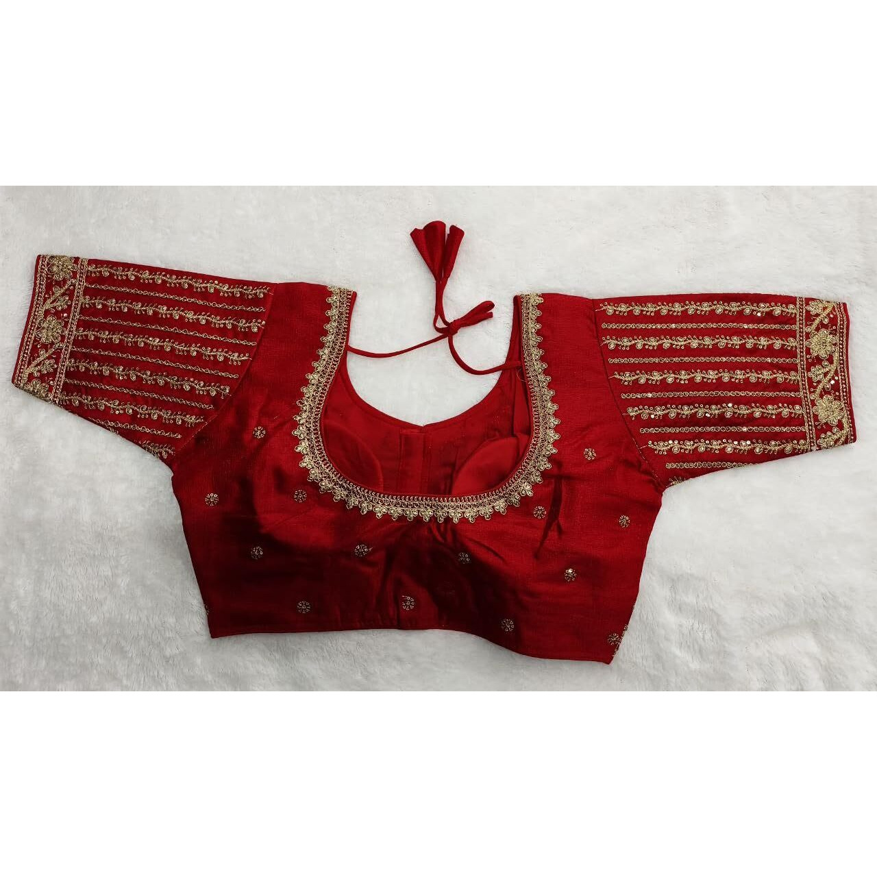 Pujia Mills Women's Readymade Blouse Embroidery Multi Coding Gold Thread Indian Ethnic Designer Stitched Women's Readymade Saree Half Sleeve red Color Blouse for Women for Saree Lehenga Choli