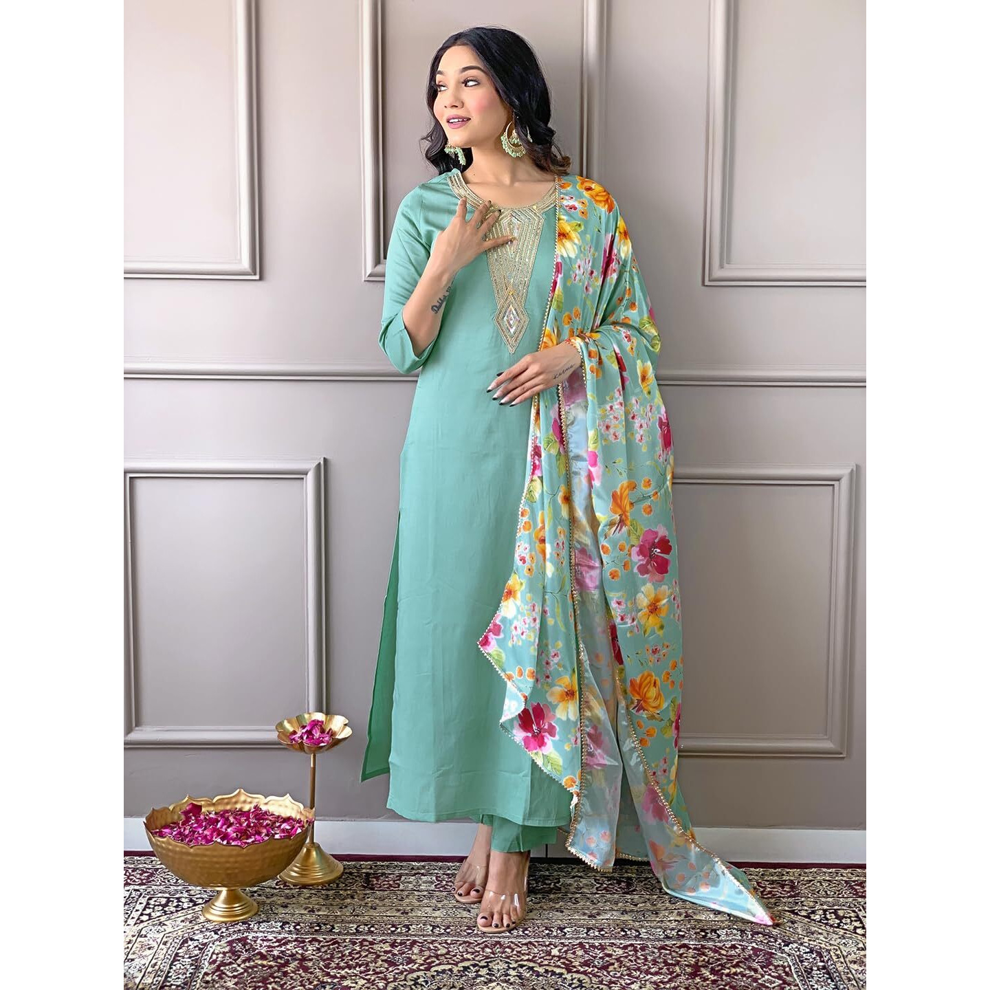 Naixa Women's Firoji Rayon Blend Embroidered and Printed Straight Kurta with Rayon Blend Pant and Chinon Printed Dupatta Sets (NX-508-Firoji-XXL)