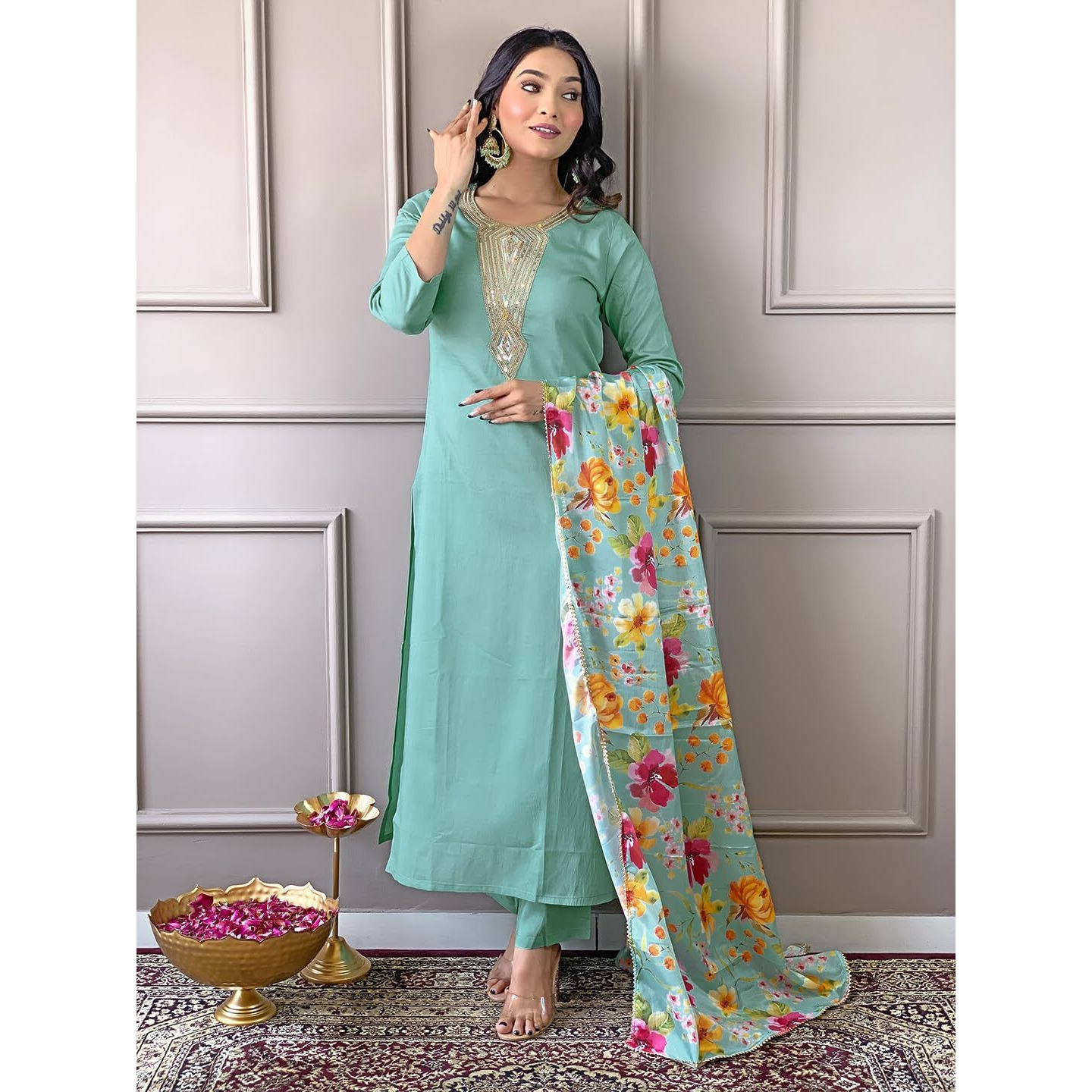 Naixa Women's Firoji Rayon Blend Embroidered and Printed Straight Kurta with Rayon Blend Pant and Chinon Printed Dupatta Sets (NX-508-Firoji-XXL)