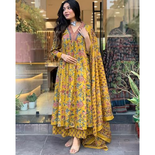 ANNI DESIGNER Women's Rayon Blend Anarkali Printed Kurta with Pant & Dupatta (CIA YELLOW-VKS01_XL_Yellow_X-Large)