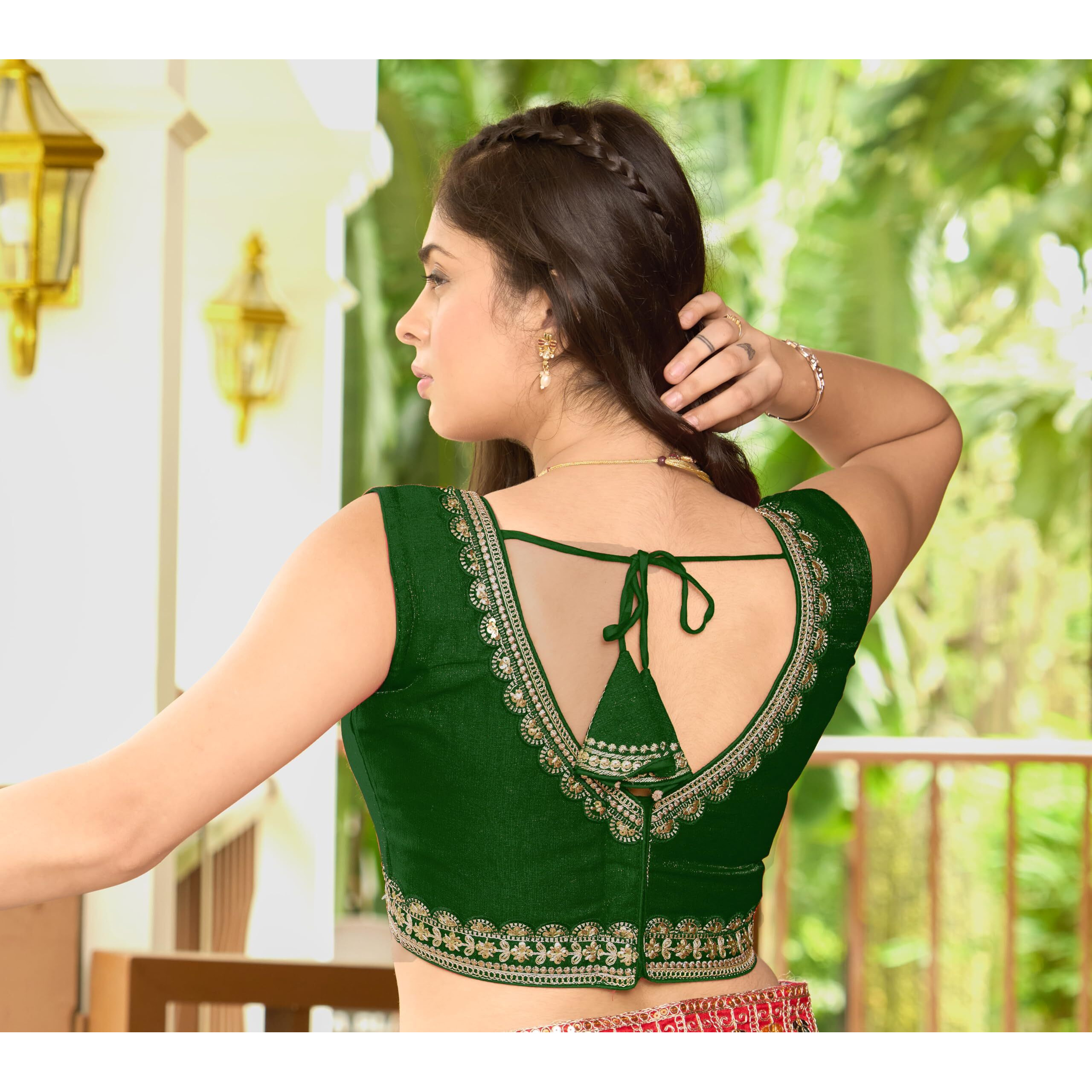 Pujia Mills Women's Sequin Embroidered V Neck Sleeveless Readymade Saree Blouse Indian Ethnic Designer Stitched Readymade Sequence Saree Blouse Sleeveless Blouse Readymade Green Blouse for Women