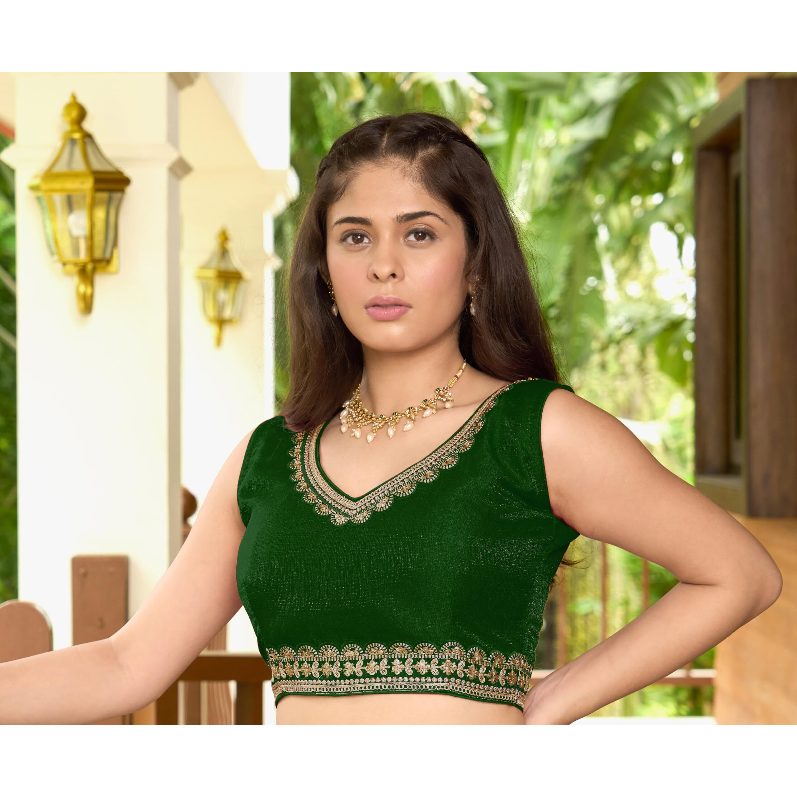 Pujia Mills Women's Sequin Embroidered V Neck Sleeveless Readymade Saree Blouse Indian Ethnic Designer Stitched Readymade Sequence Saree Blouse Sleeveless Blouse Readymade Green Blouse for Women