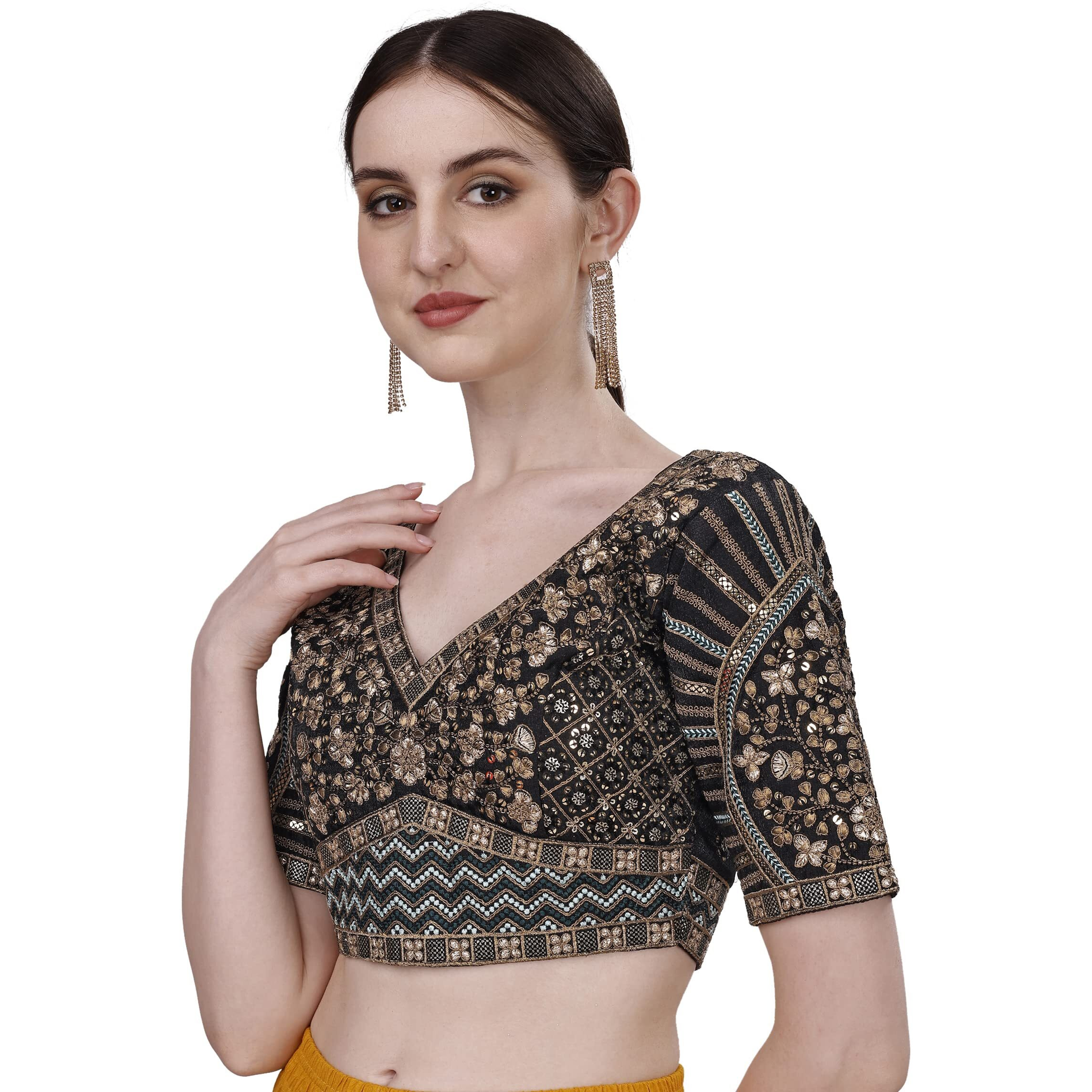 Vihu Fashion Women's Fancy Readymade Heavy Coding Embroidary Worked Half Sleeve Black Saree Blouse(Mushroom Black_42)