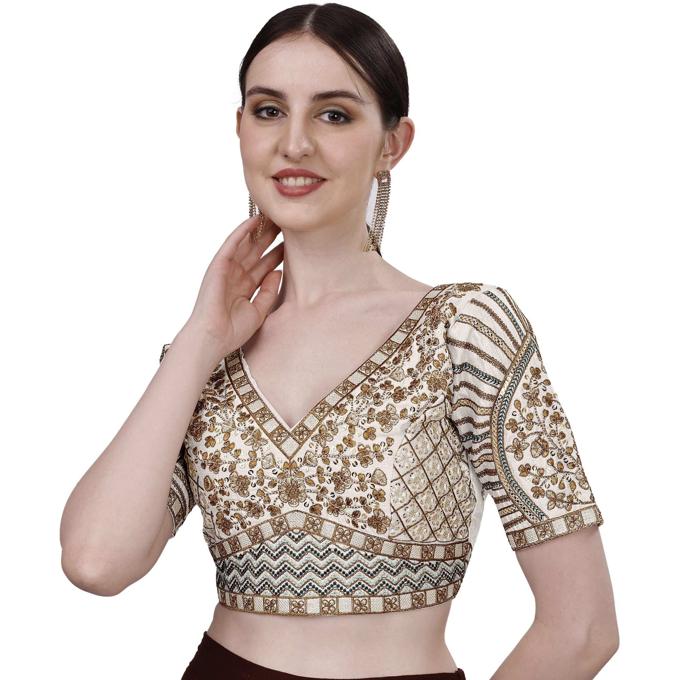 Vihu Fashion Silk Women's Saree Blouse, Half Sleeve, White