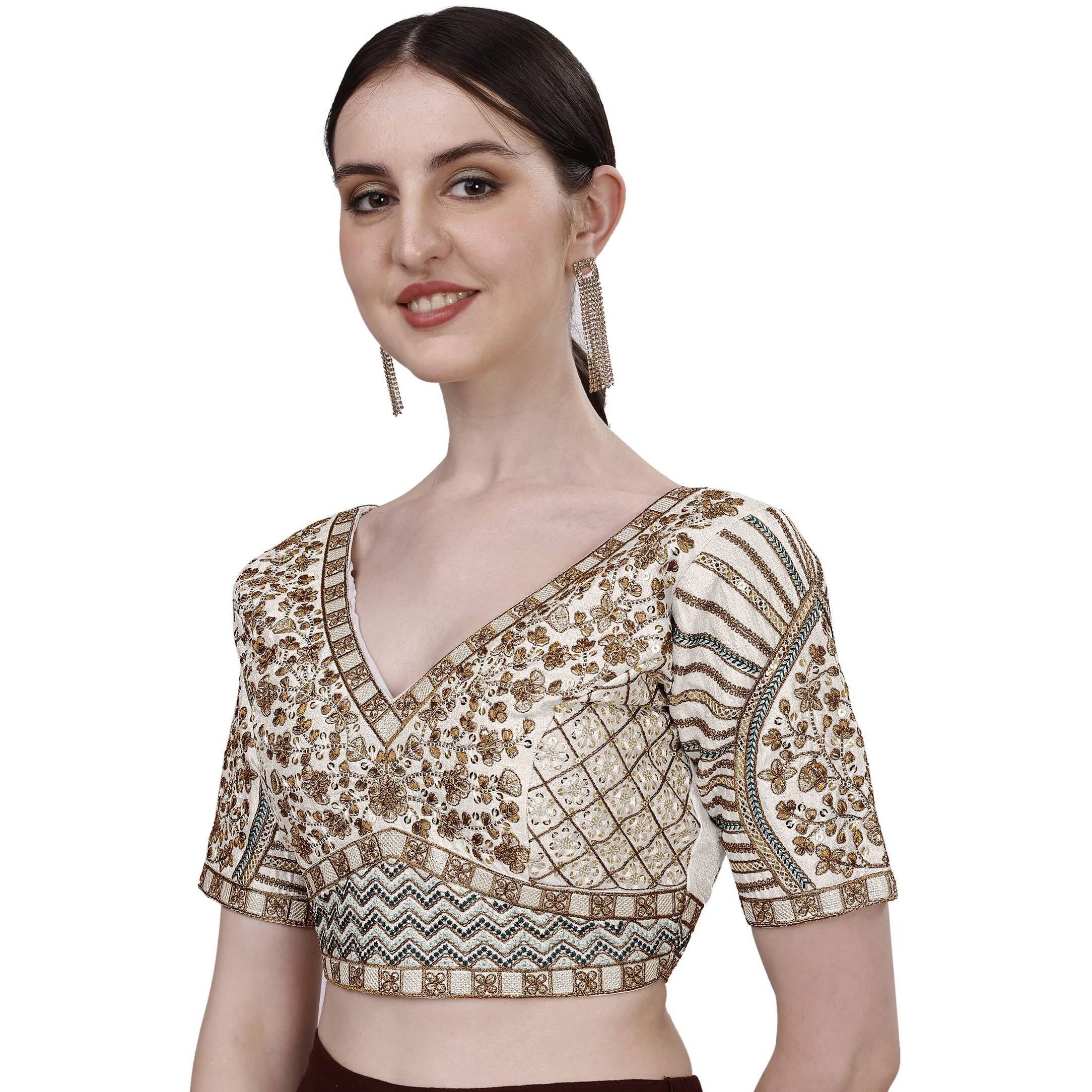 Vihu Fashion Silk Women's Saree Blouse, Half Sleeve, White