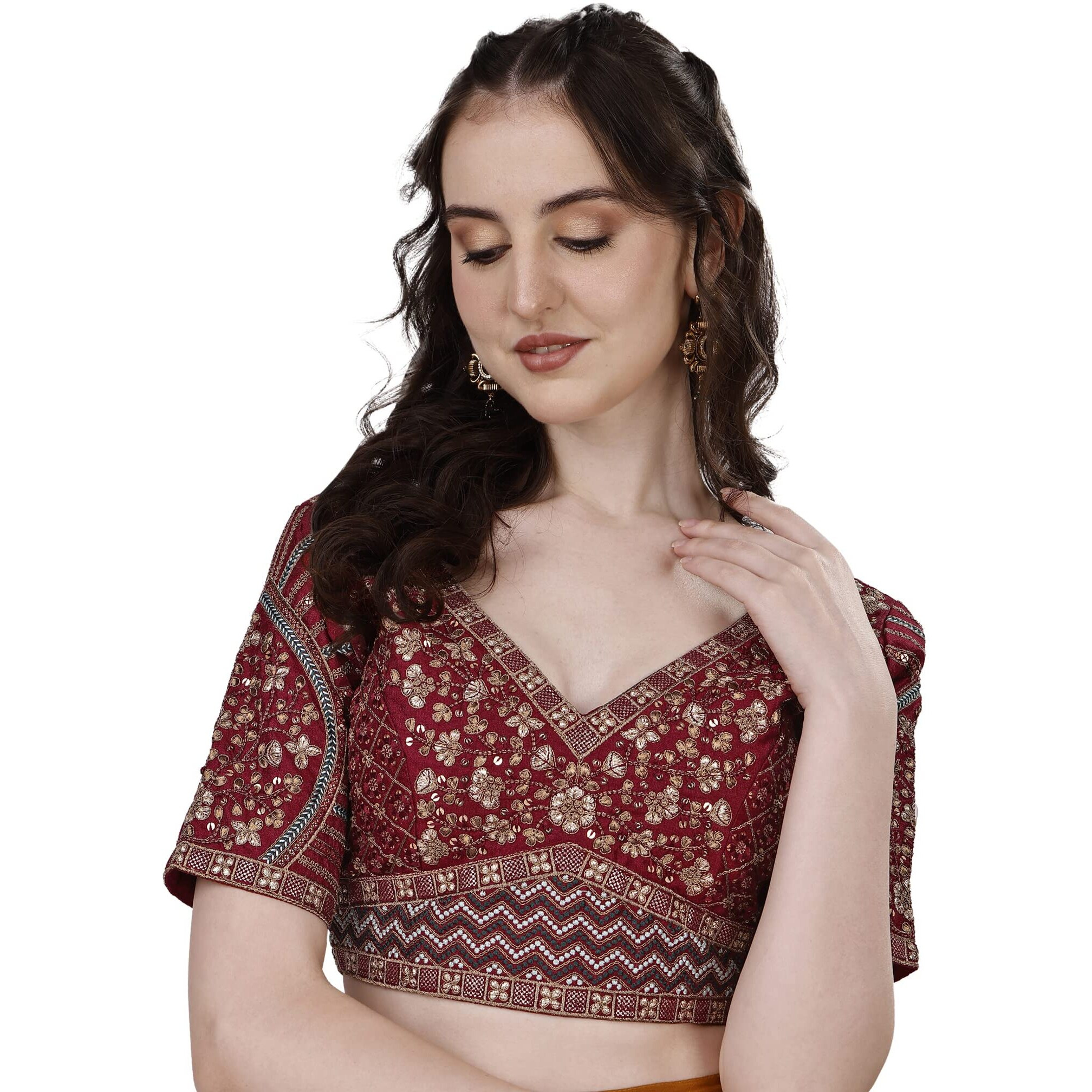 Vihu Fashion Women's Fancy Readymade Heavy Coding Embroidary Worked Half Sleeve Maroon Saree Blouse(Mushroom Maroon_42)
