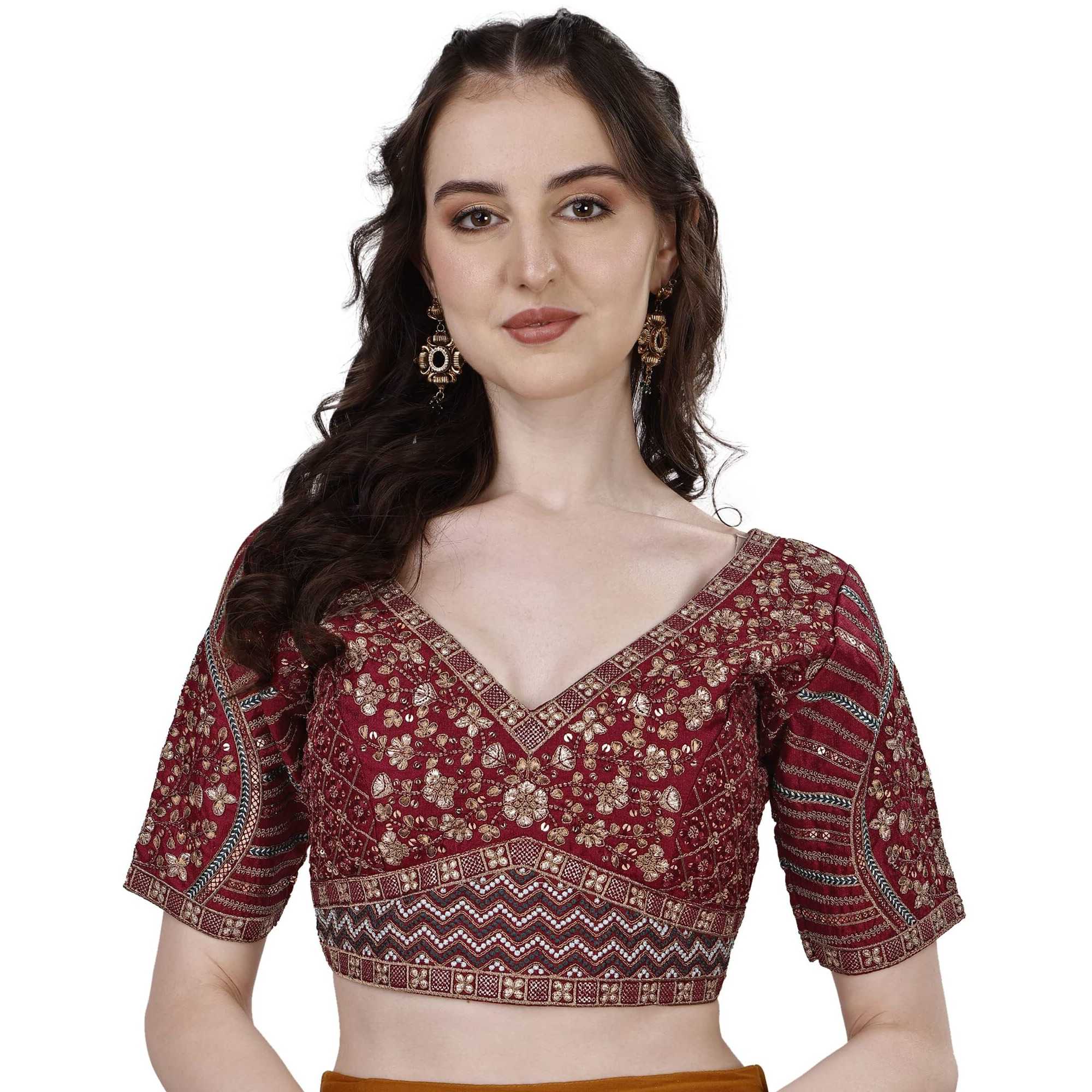 Vihu Fashion Women's Fancy Readymade Heavy Coding Embroidary Worked Half Sleeve Maroon Saree Blouse(Mushroom Maroon_42)