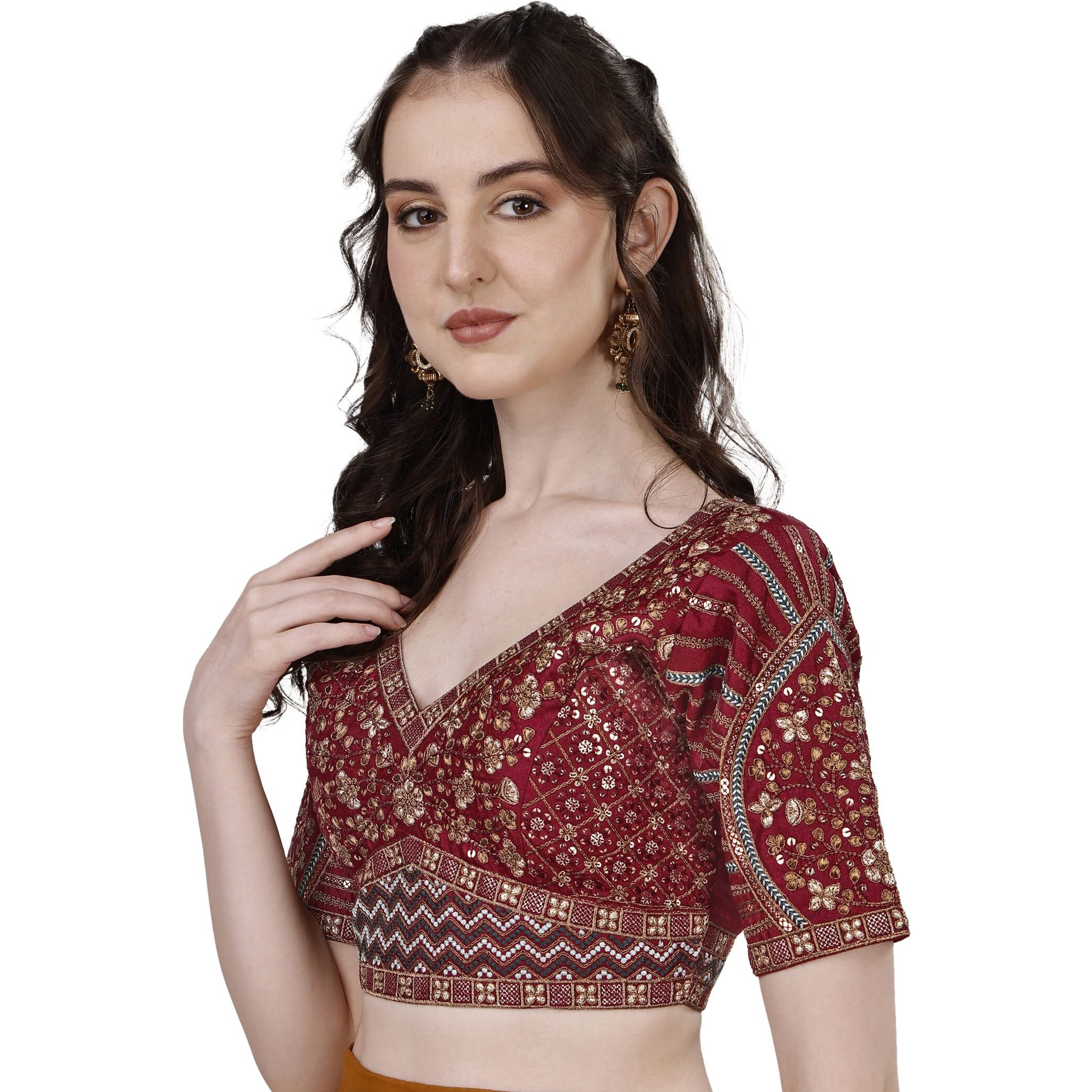 Vihu Fashion Women's Fancy Readymade Heavy Coding Embroidary Worked Half Sleeve Maroon Saree Blouse(Mushroom Maroon_42)