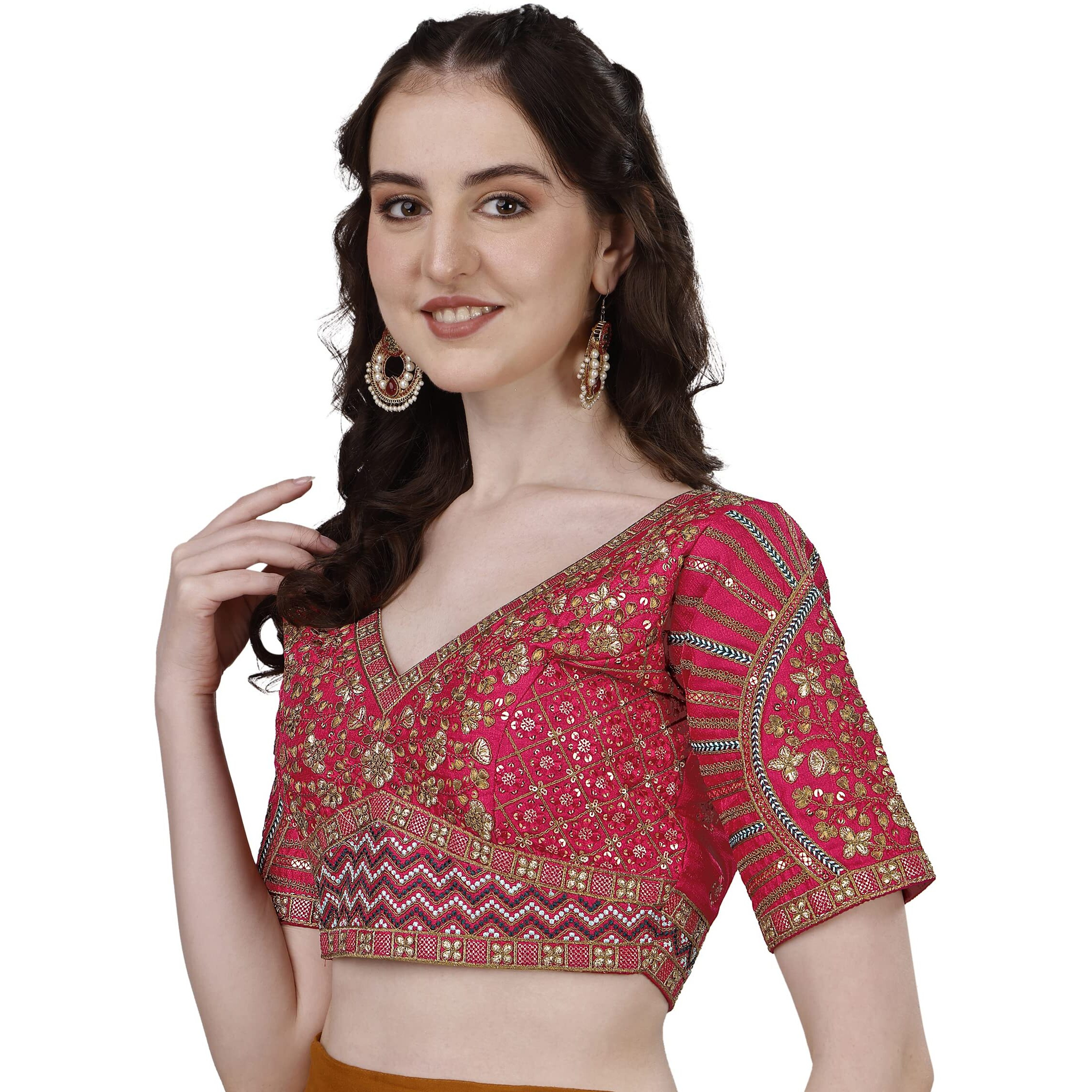 Vihu Fashion Silk Women's Saree Blouse, Half Sleeve, Rani