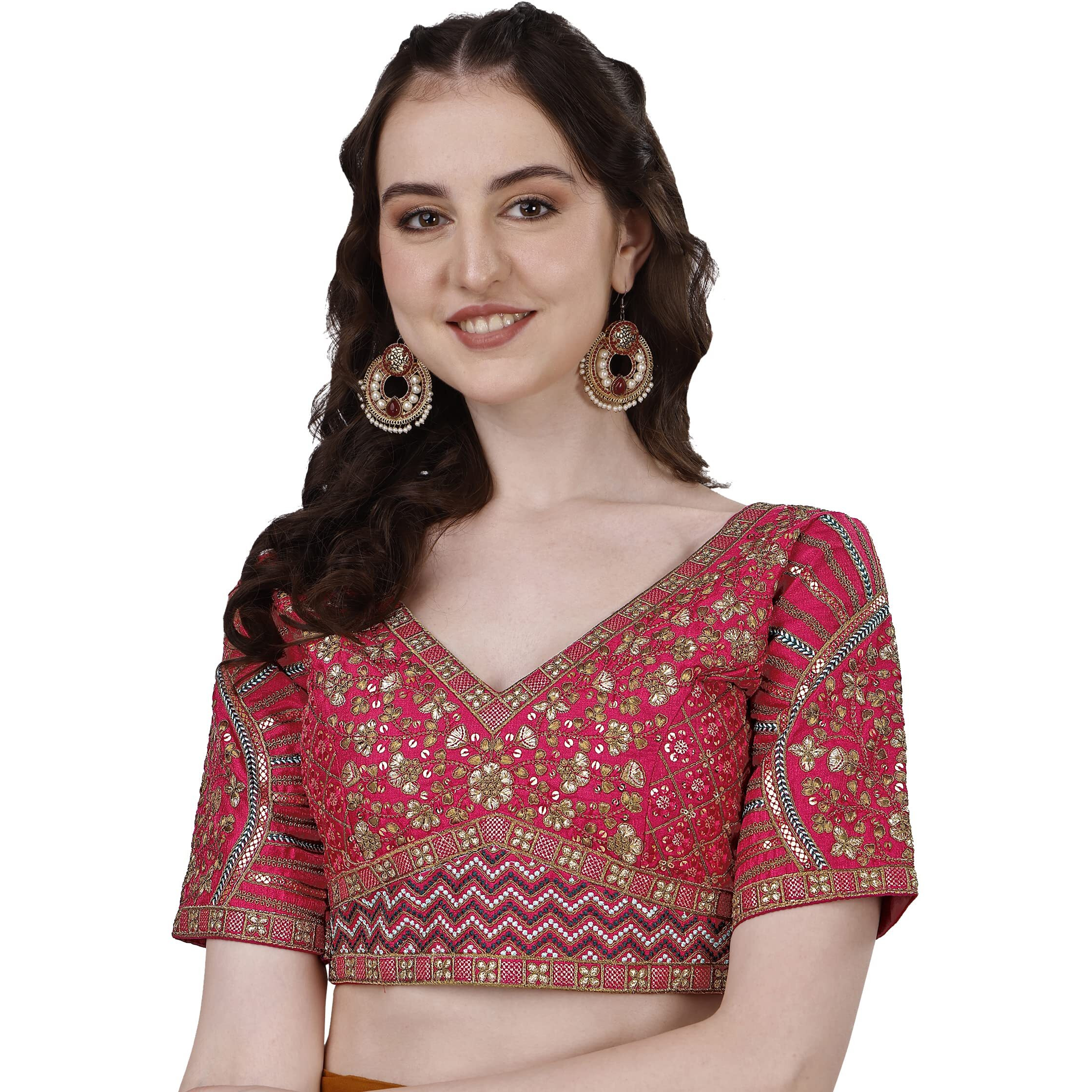 Vihu Fashion Silk Women's Saree Blouse, Half Sleeve, Rani