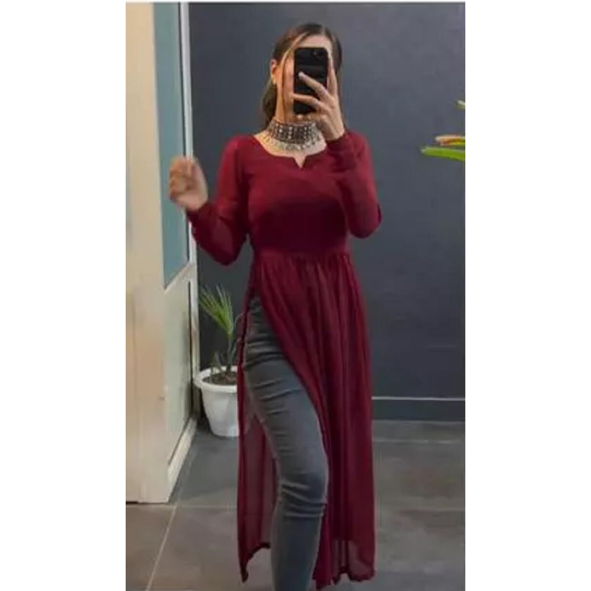 Fashion2wear Women Solid Georgette A-line Kurta for Women (Alia Cut-Maroon-XL)