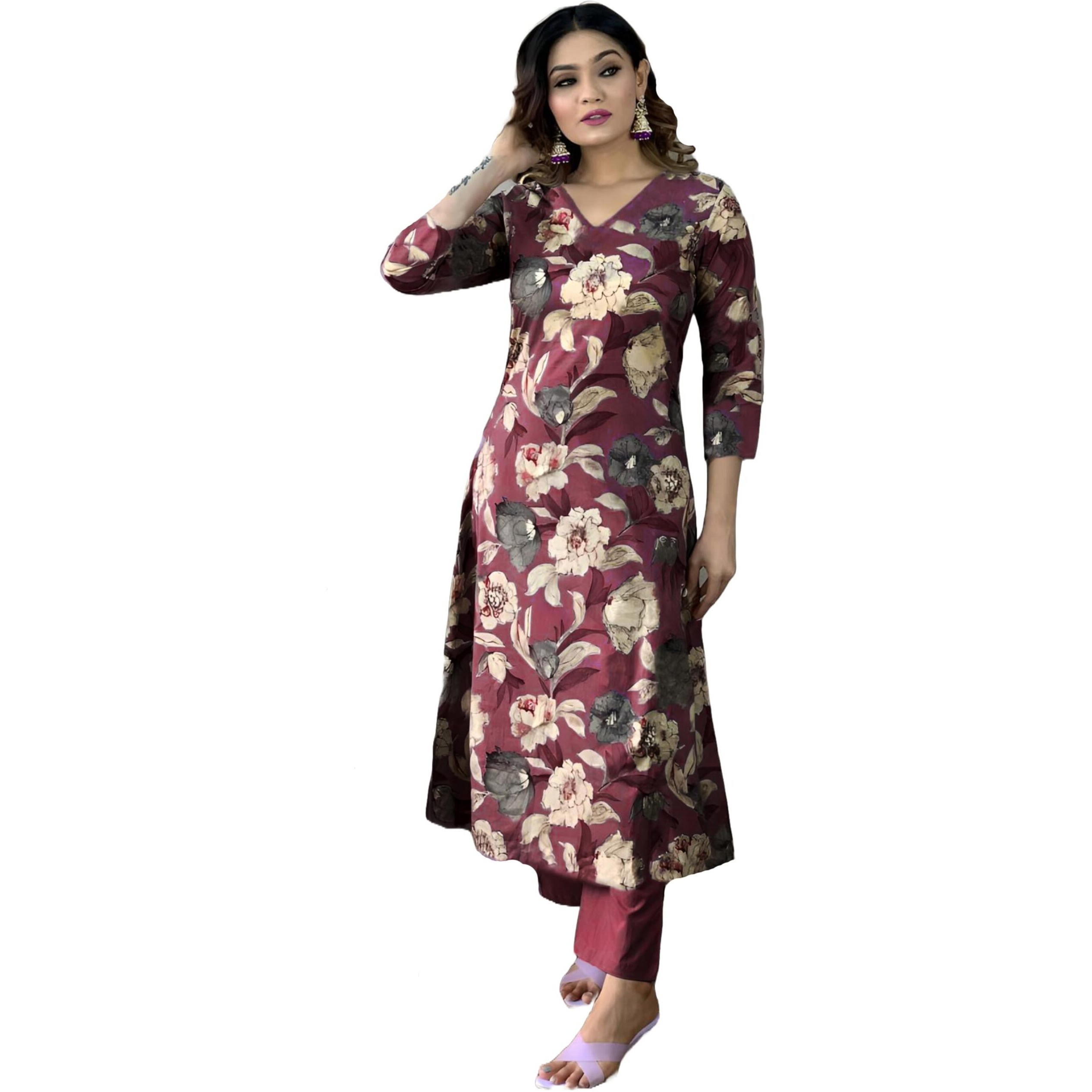 ANNI DESIGNER Women's Cotton Blend Straight Printed Kurta with Pant (DHUN Wine_M_Wine_Medium)