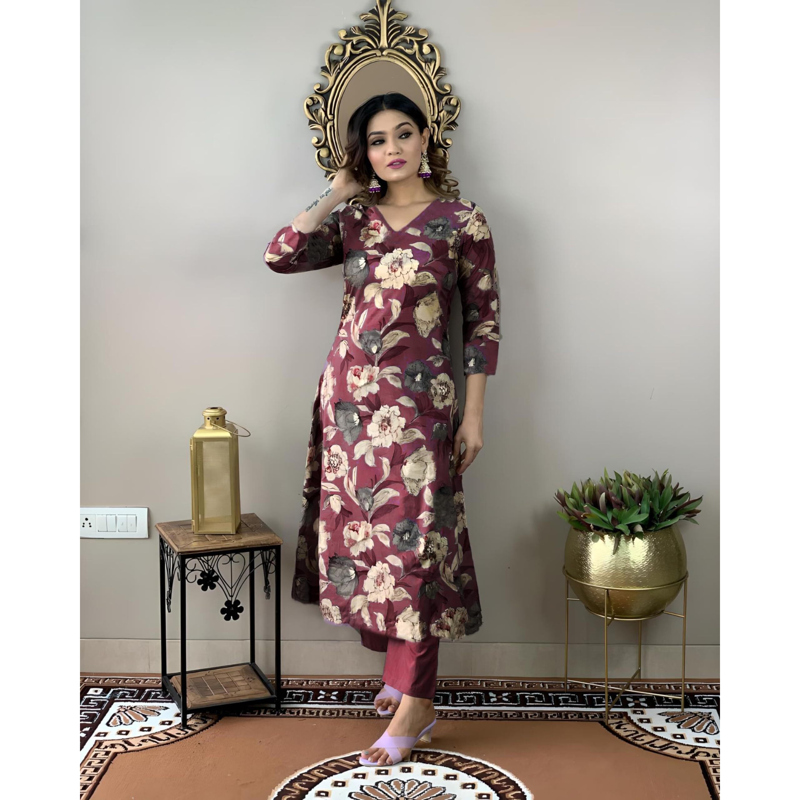 ANNI DESIGNER Women's Cotton Blend Straight Printed Kurta with Pant (DHUN Wine_M_Wine_Medium)