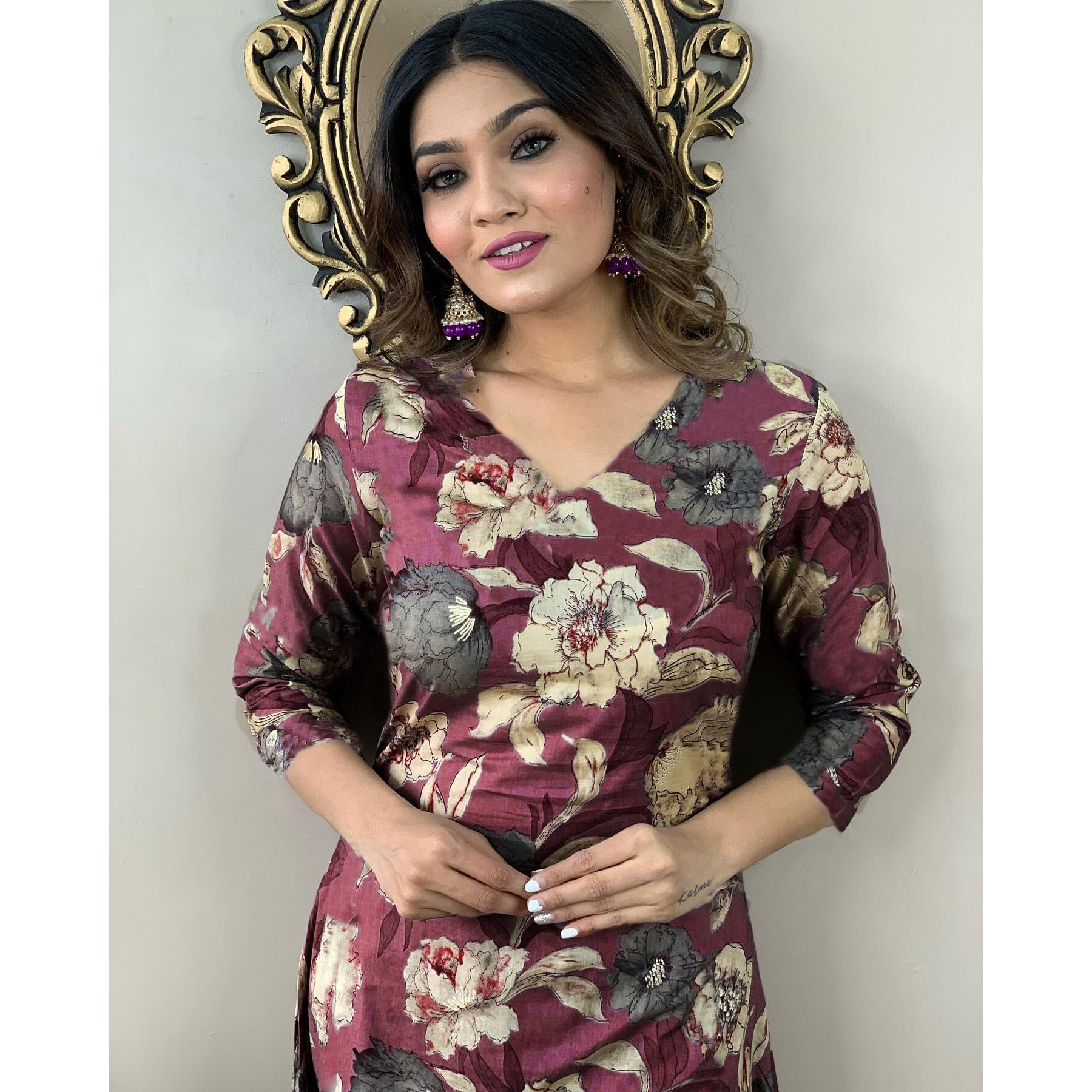 ANNI DESIGNER Women's Cotton Blend Straight Printed Kurta with Pant (DHUN Wine_M_Wine_Medium)