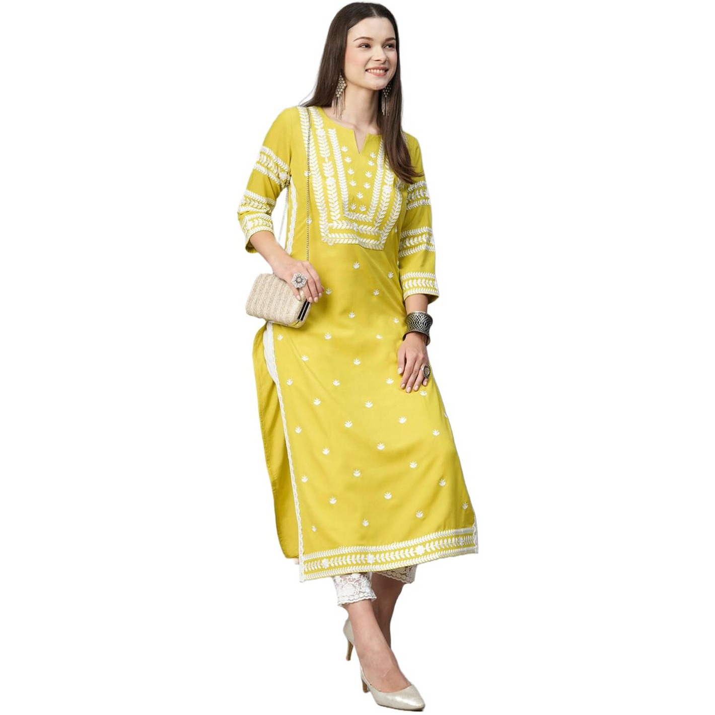 ANNI DESIGNER Women's Cotton Blend Chikankari Embroidered Straight Kurta (STHO-Yellow-NW_S_Yellow_Small)