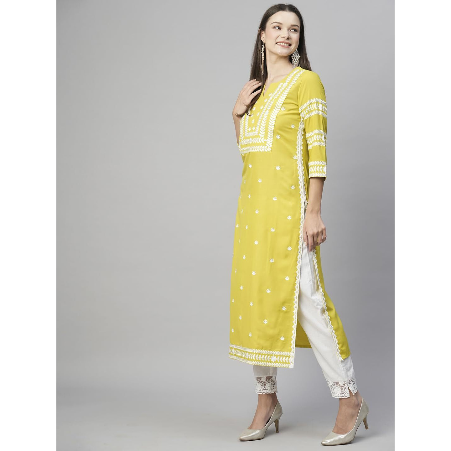 ANNI DESIGNER Women's Cotton Blend Chikankari Embroidered Straight Kurta (STHO-Yellow-NW_S_Yellow_Small)