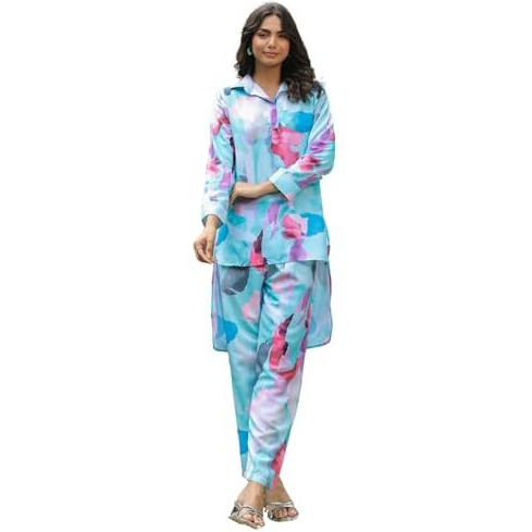 GRECIILOOKS Rayon Standard Length Stylish Kurta Ethnic for 3/4 Sleeve Women Co-ord Set (GL-W1906&TR936_Blue_S)