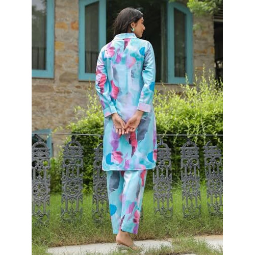 GRECIILOOKS Rayon Standard Length Stylish Kurta Ethnic for 3/4 Sleeve Women Co-ord Set (GL-W1906&TR936_Blue_S)