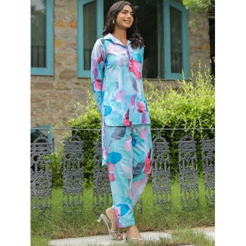 GRECIILOOKS Rayon Standard Length Stylish Kurta Ethnic for 3/4 Sleeve Women Co-ord Set (GL-W1906&TR936_Blue_S)