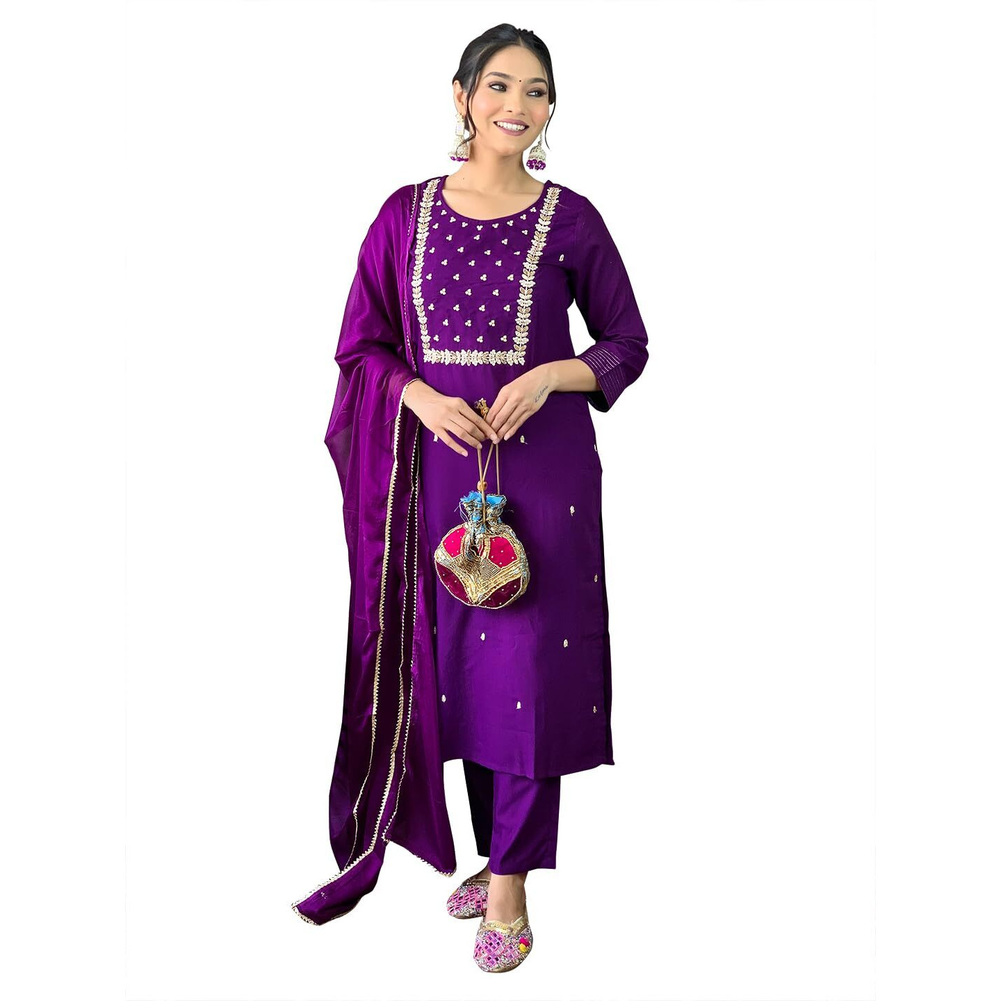 Naixa Women's Violate Rayon Slub Embroidered Straight Kurta with Rayon Slub Pant and Chinon Laced Dupatta Sets (NX3-M-Pragati-Violate-M)