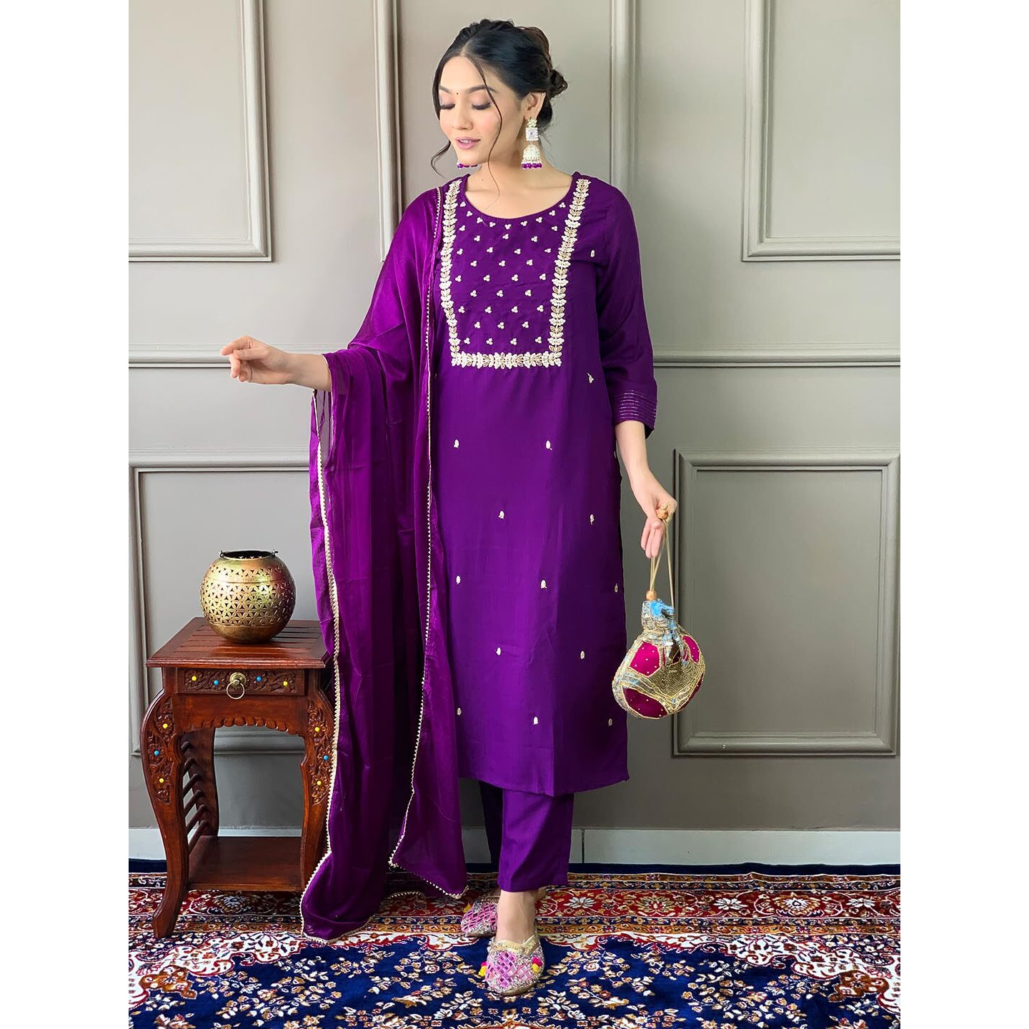 Naixa Women's Violate Rayon Slub Embroidered Straight Kurta with Rayon Slub Pant and Chinon Laced Dupatta Sets (NX3-M-Pragati-Violate-M)