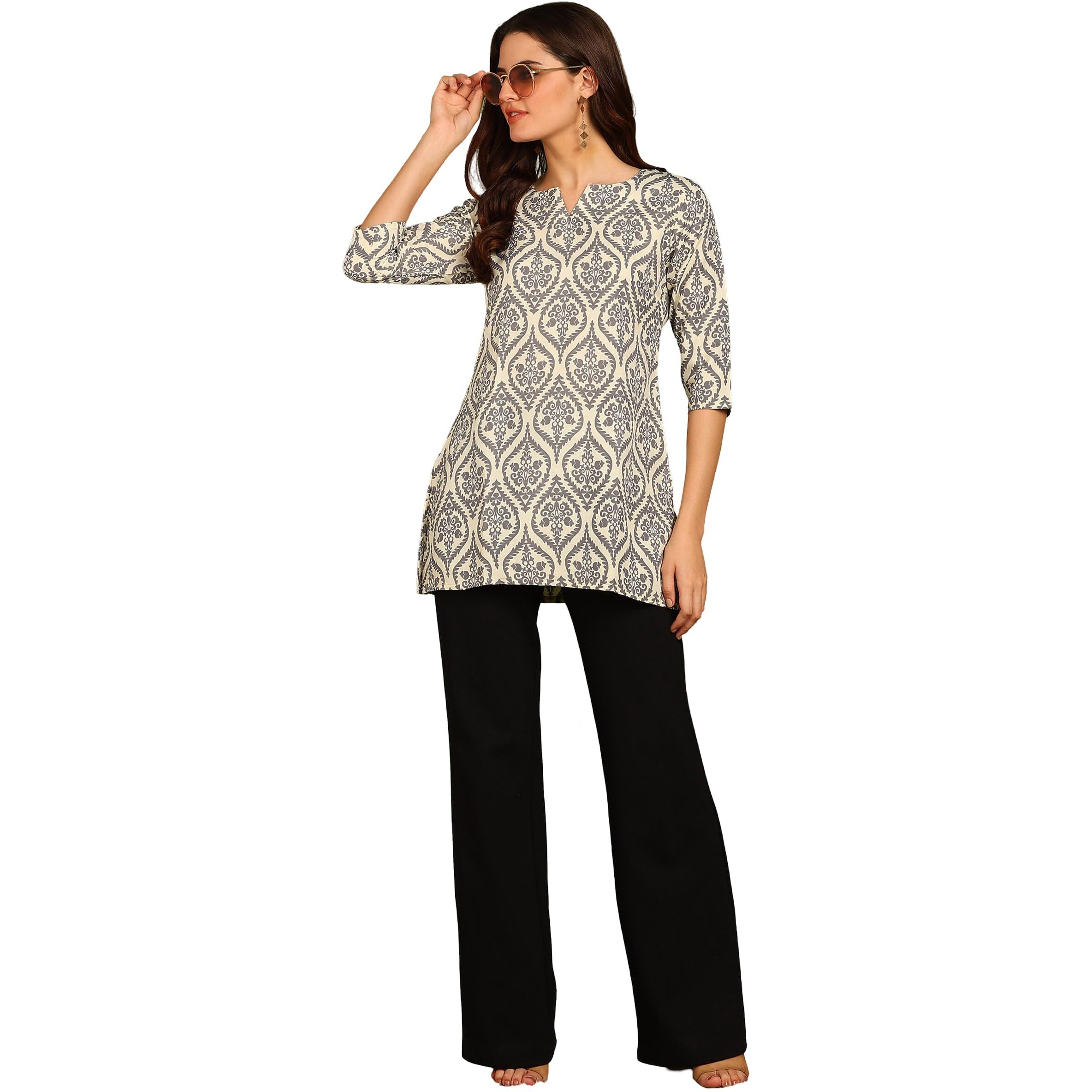 DSK Studio Women's Poly Rayon Floral Regular Short Kurti (KU1008-Gray-L_Gray