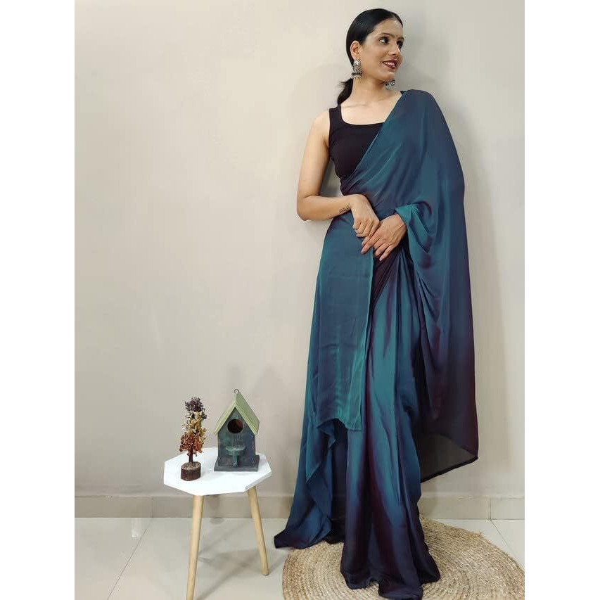 Satrani Women's Chiffon Ready To Wear Saree With Unstitched Blouse Piece(3029S193N_Blue)