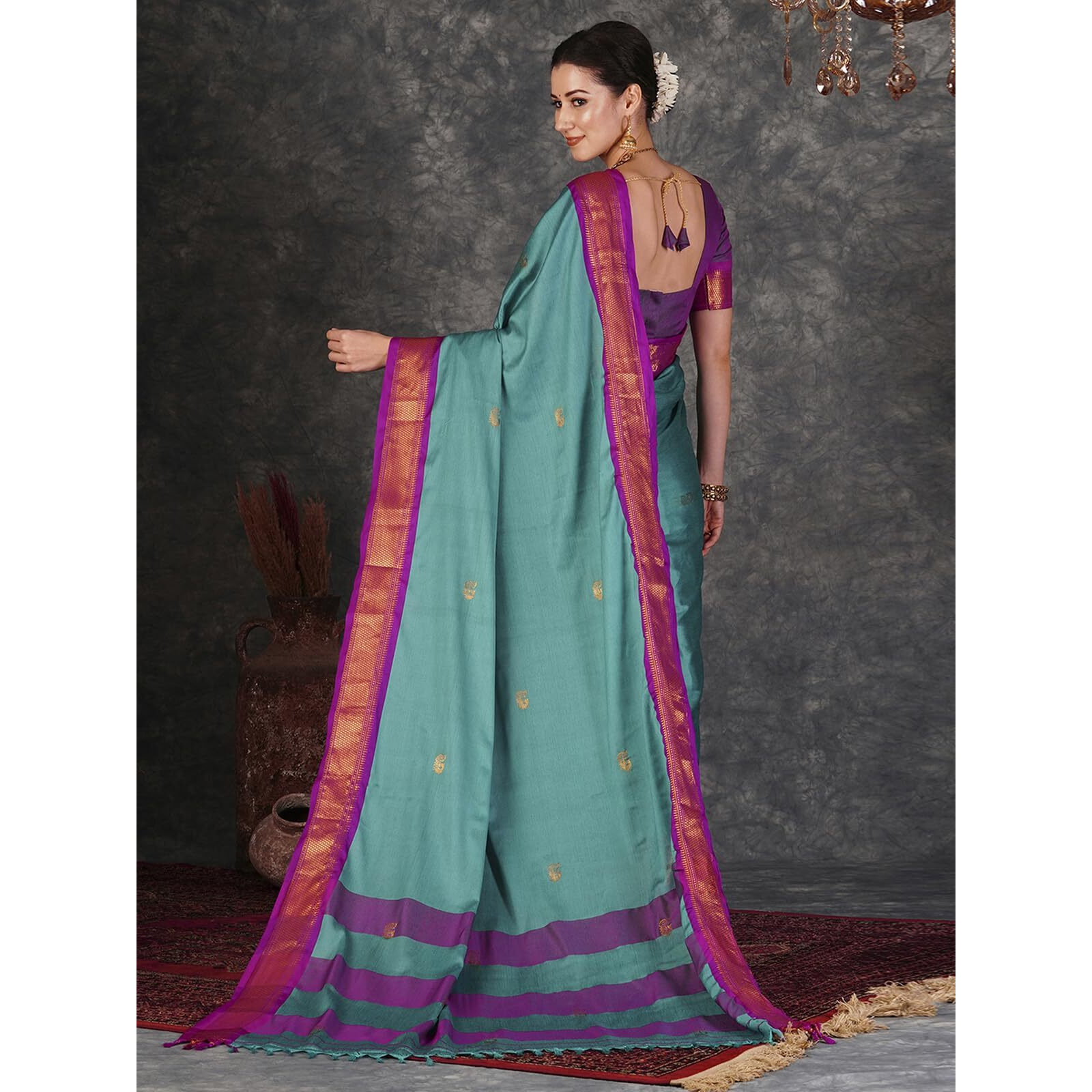 SWARON Women's Banarasi Jacquard Kanjivaram Silk Saree with Unstitched Blouse Piece (3743S101NW_Dark Turquoise & Magenta)
