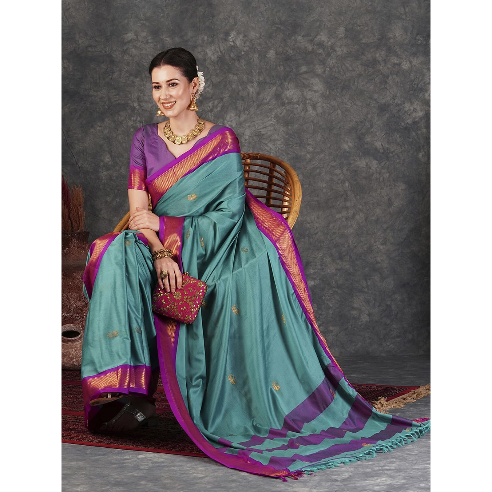 SWARON Women's Banarasi Jacquard Kanjivaram Silk Saree with Unstitched Blouse Piece (3743S101NW_Dark Turquoise & Magenta)