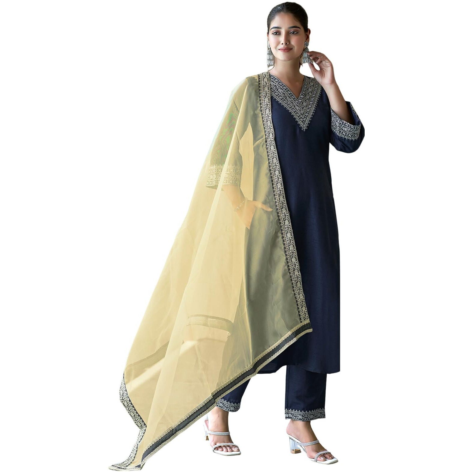 Sanisa Women's Silk Sequence Embroidery Work Straight Kurta with Pant and Dupatta | Ethnic Set | Suit Set | Kurta Set(104KBD1137N-XXL_Navy Blue)