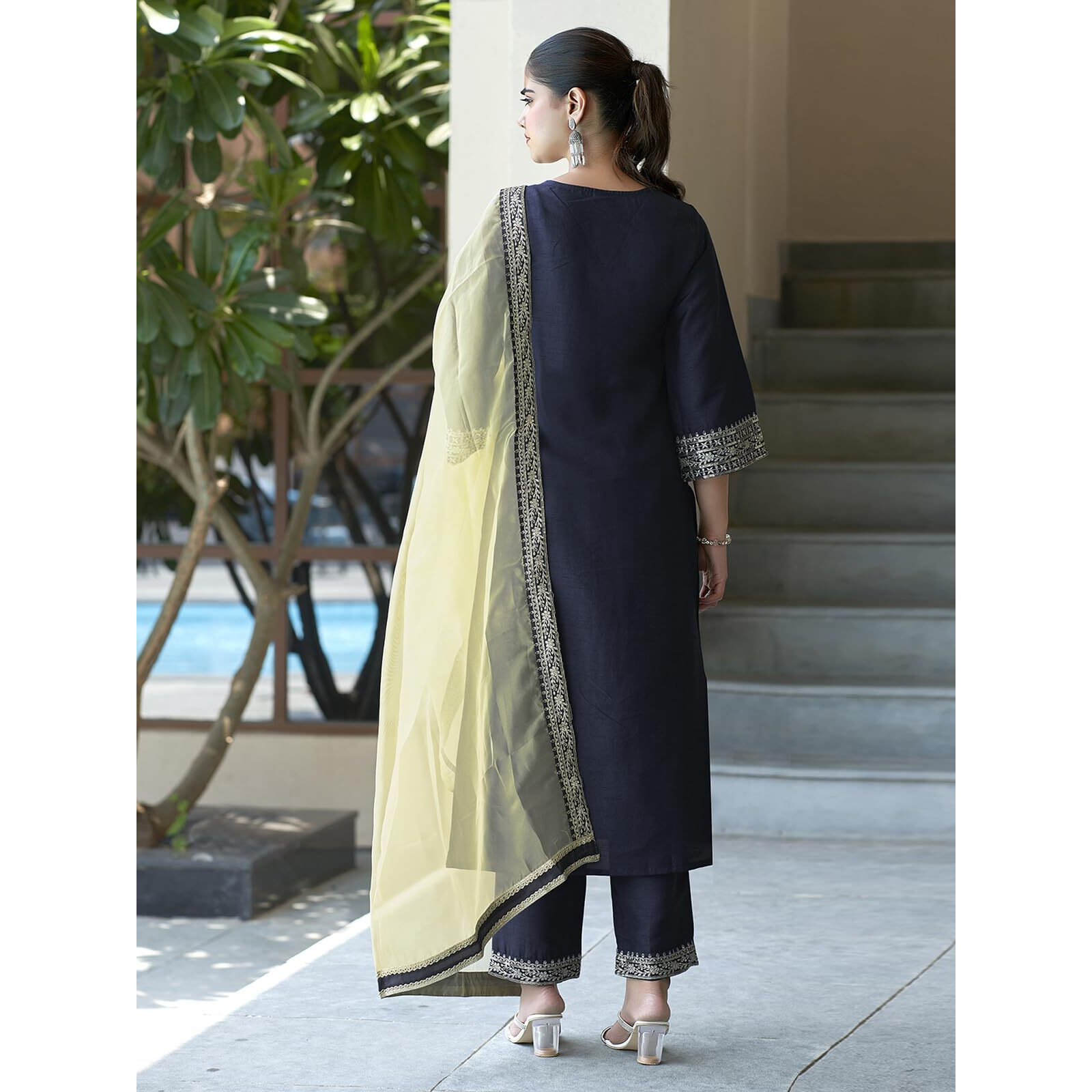 Sanisa Women's Silk Sequence Embroidery Work Straight Kurta with Pant and Dupatta | Ethnic Set | Suit Set | Kurta Set(104KBD1137N-XXL_Navy Blue)
