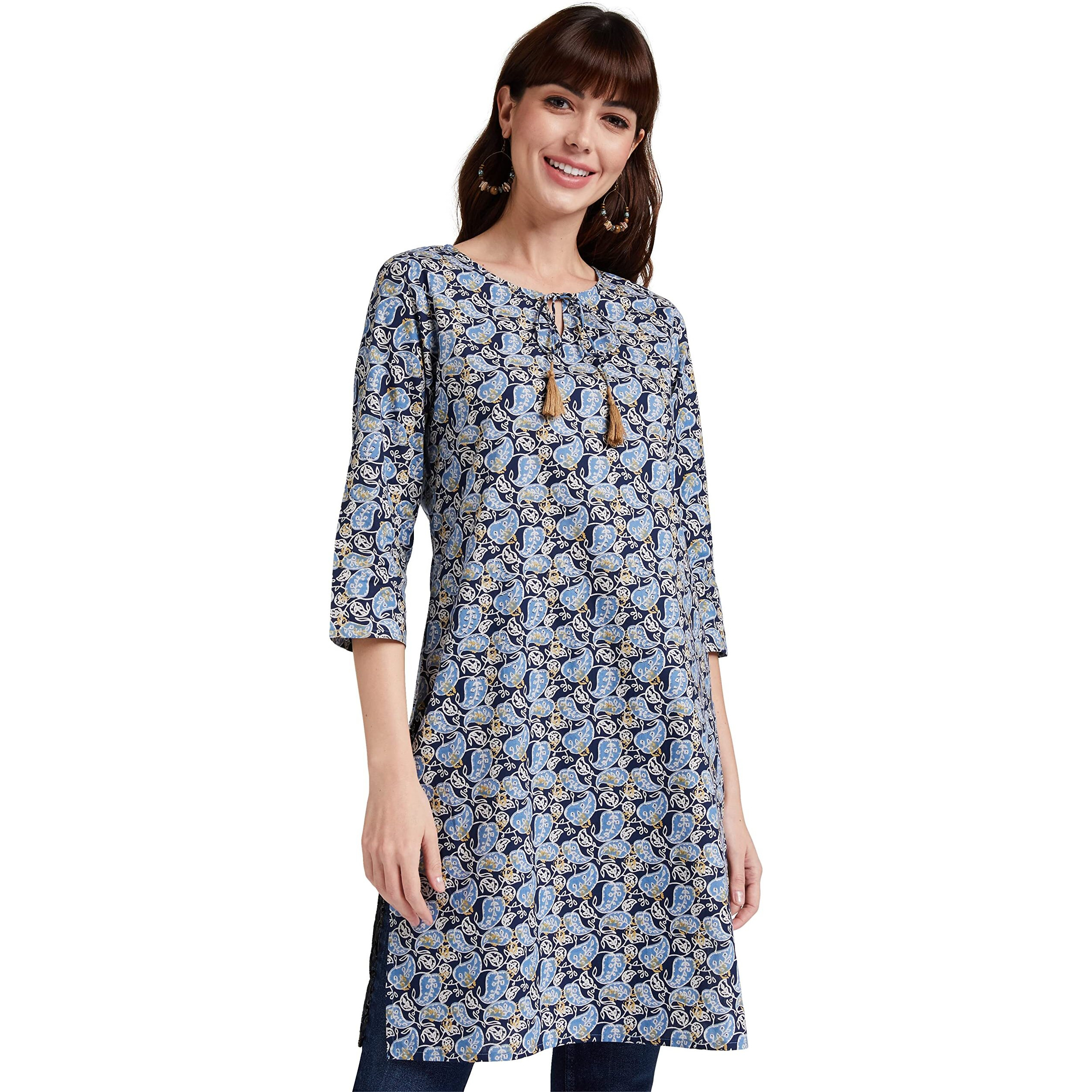 Amazon Brand - Myx Women's Cotton Regular Kurti (MYX-AW21-MRVL-03_Indigo Paisley_M)