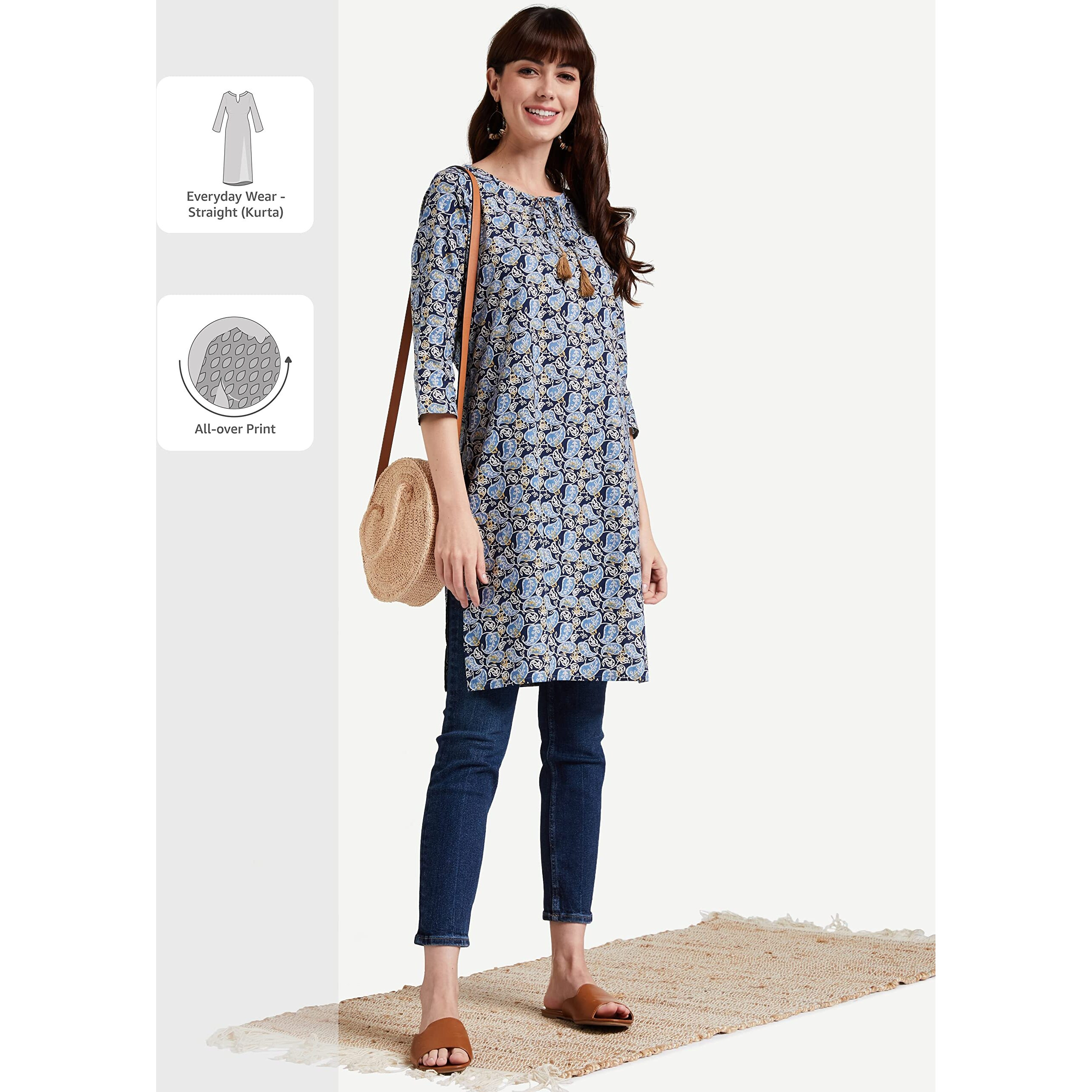 Amazon Brand - Myx Women's Cotton Regular Kurti (MYX-AW21-MRVL-03_Indigo Paisley_M)