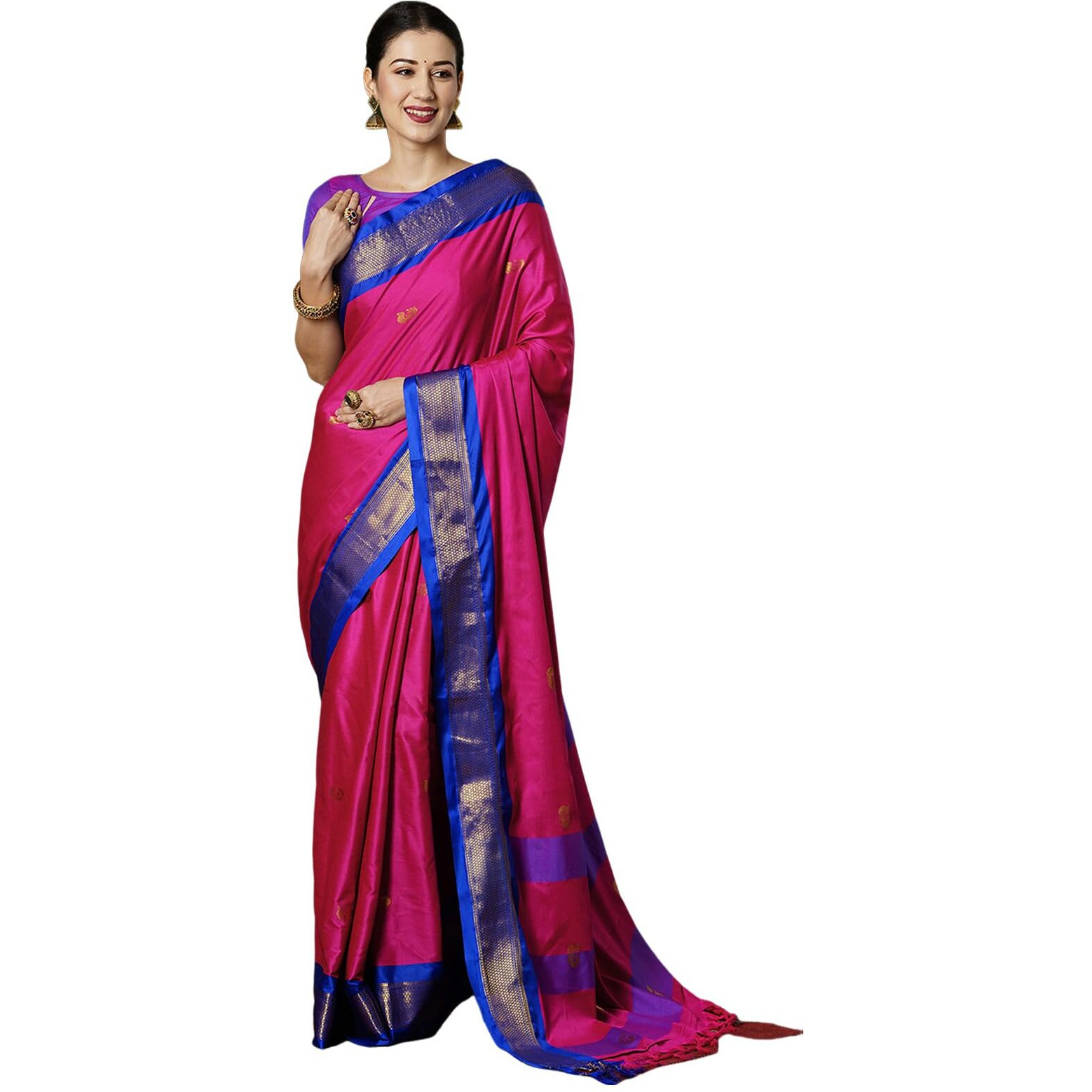 SWARON Women's Banarasi Jacquard Kanjivaram Silk Saree with Unstitched Blouse Piece (3743S106NW_Rani Pink & Dark Blue)