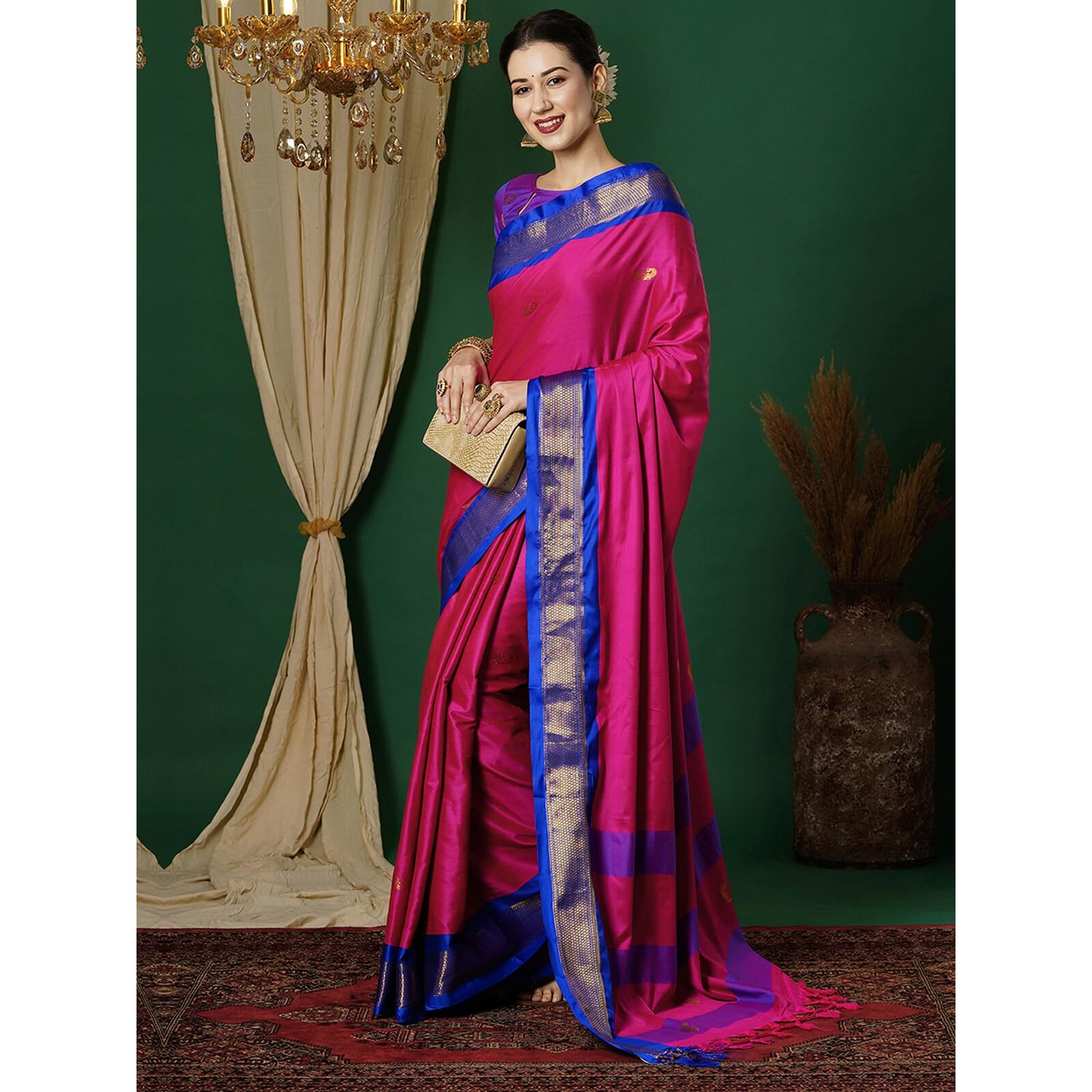 SWARON Women's Banarasi Jacquard Kanjivaram Silk Saree with Unstitched Blouse Piece (3743S106NW_Rani Pink & Dark Blue)