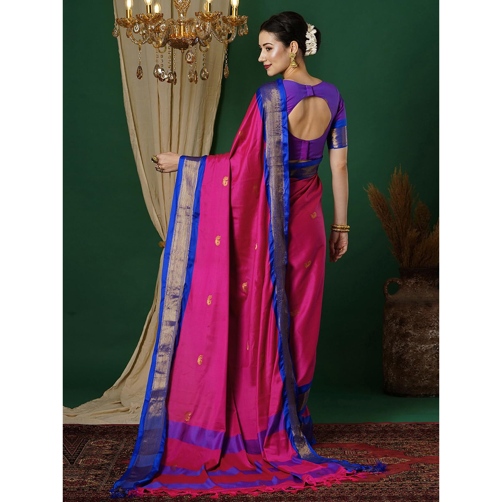 SWARON Women's Banarasi Jacquard Kanjivaram Silk Saree with Unstitched Blouse Piece (3743S106NW_Rani Pink & Dark Blue)